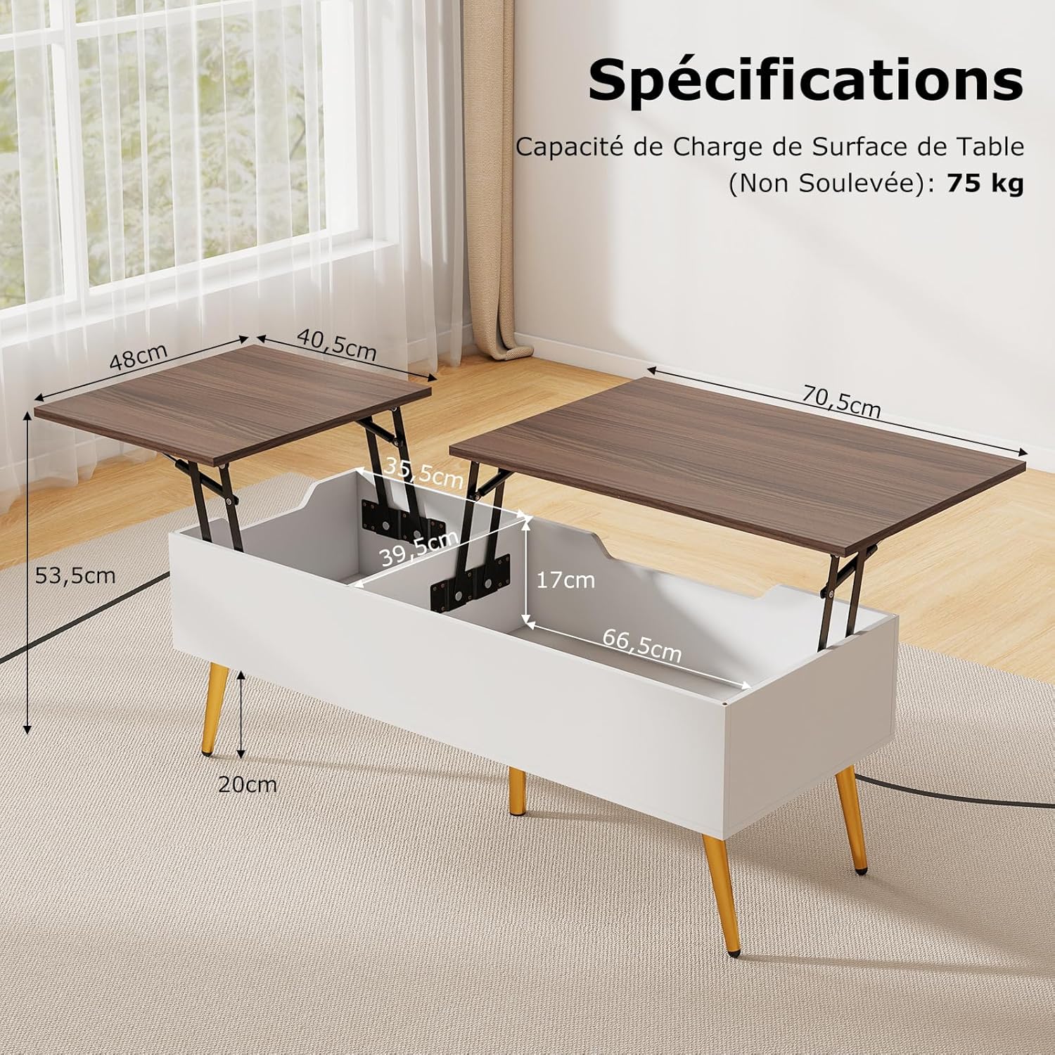 Tavolino ribaltabile con contenitore, tavolino da salotto con ripiano ribaltabile, per ufficio, 111 x 48 x 40-53,5 cm (bianco+noce) - 2