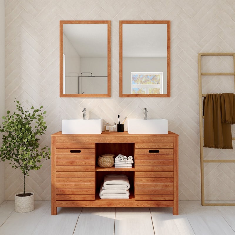 Szafka łazienkowa z drewna akacjowego z podwójną umywalką i lustrami - 130 cm - PULUKAN