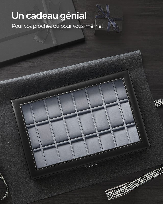 Boîte à Montres, Verrouillable, Écrin, Organisateur, avec 16 Compartiments, Couvercle en Verre, PU, Doublure en Gris et Surface en Noir d'Encre - 7