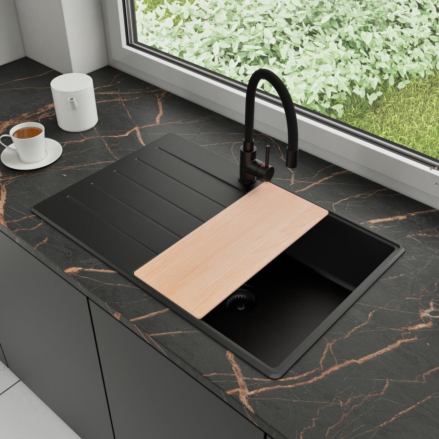 Zlewozmywak Granitowy 78x50cm, do szafki od 50cm + Bateria + Syfon + Deska - Ametyst Cały Czarny STONESTYLE