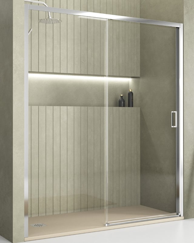 Mampara Ducha Frontal Corredera 1 Puerta 1 Fijo | Alto 190cm Transparente | Cromo Brillo 160cm (Adaptable 158-162cm)
