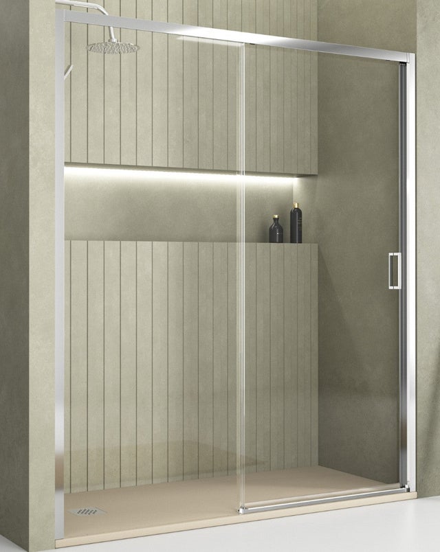 Mampara de Ducha Frontal Corredera 1 Puerta 1 Fijo | Altura 190cm Transparente | Cromo Brillo 135cm (Adaptable 133-137cm)