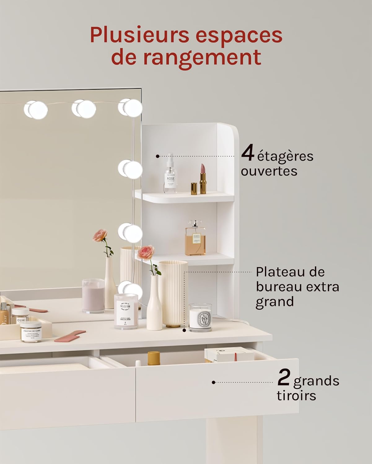 Coiffeuse avec Miroir LED à Luminosité Réglable - 2 Tiroirs et 4 Étagères de Rangement - Table de Maquillage - Blanc - WOLTU - 5