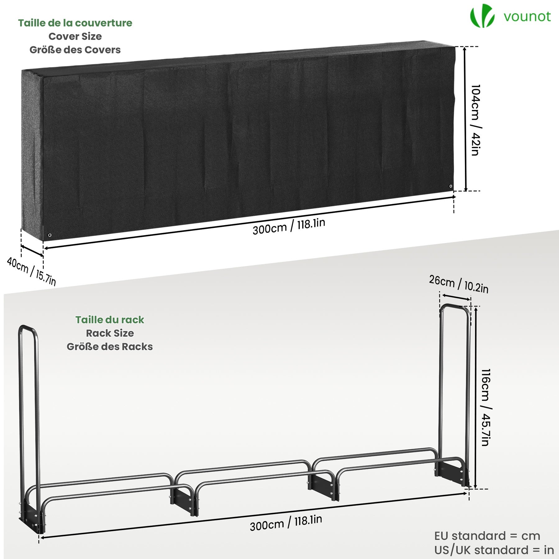 Abri range-bûches 3m avec housse noire - Serre bûche en métal - Support bois de chauffage pour cheminée et extérieur - VOUNOT® - 6