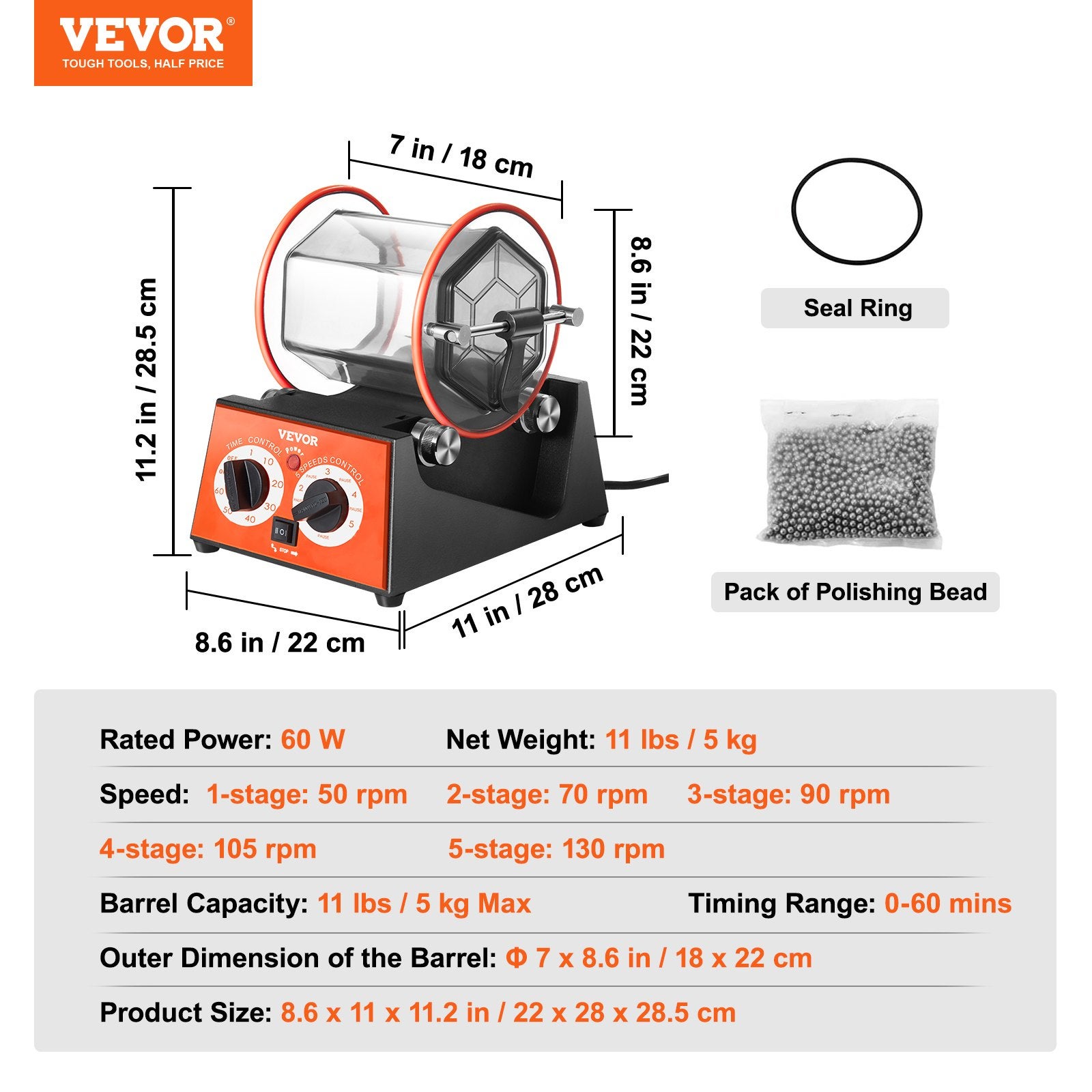 Polisseur de Bijoux VEVOR 5 kg Réglable Polisseuse à Tambour Rotative Action Bidirectionnel 60 W 5 Vitesses pour Polir Pierre Roche Fer Bijouterie - 5