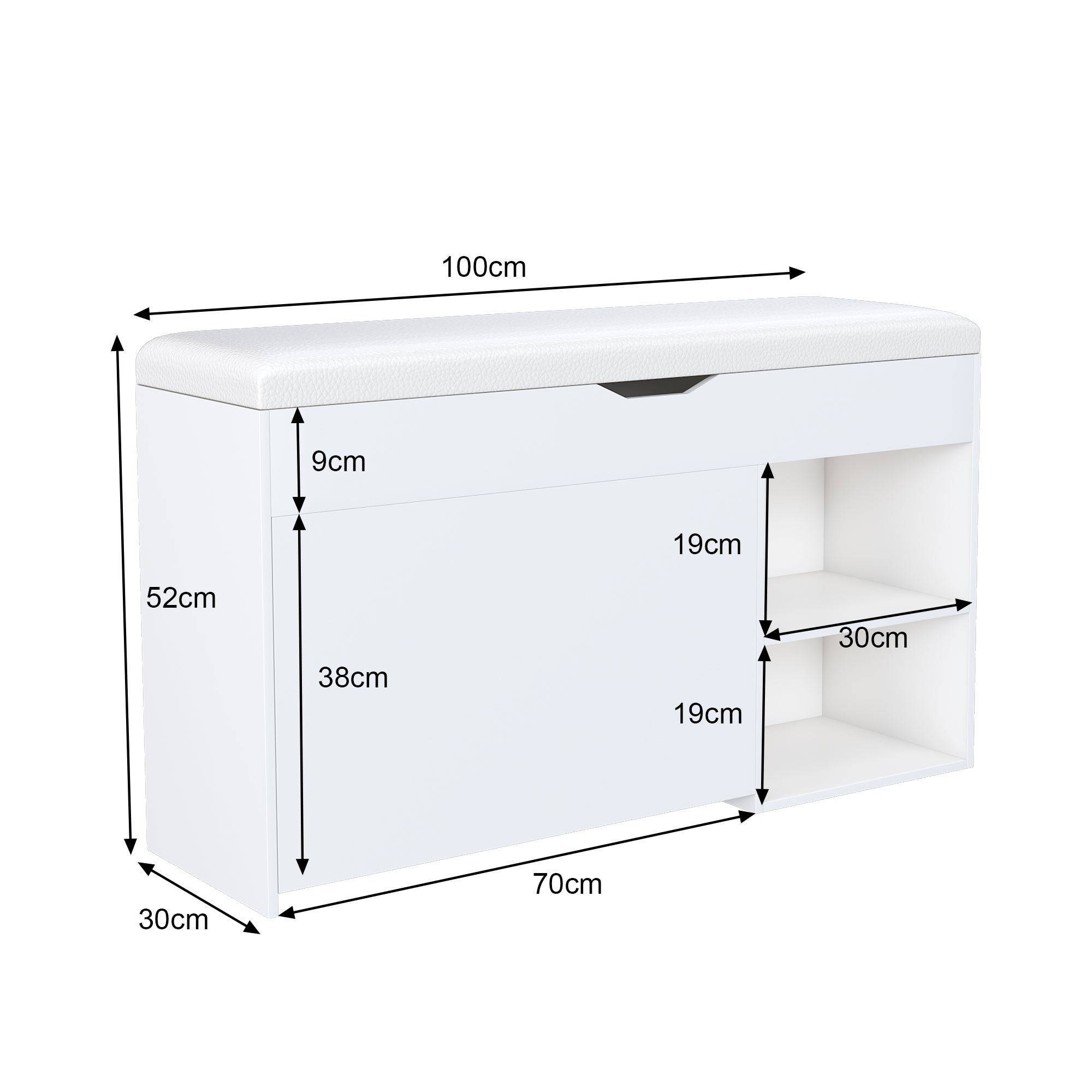 Banc à chaussures 100x30x52 cm, rangement avec couvercle rabattable, MDF blanc - 3