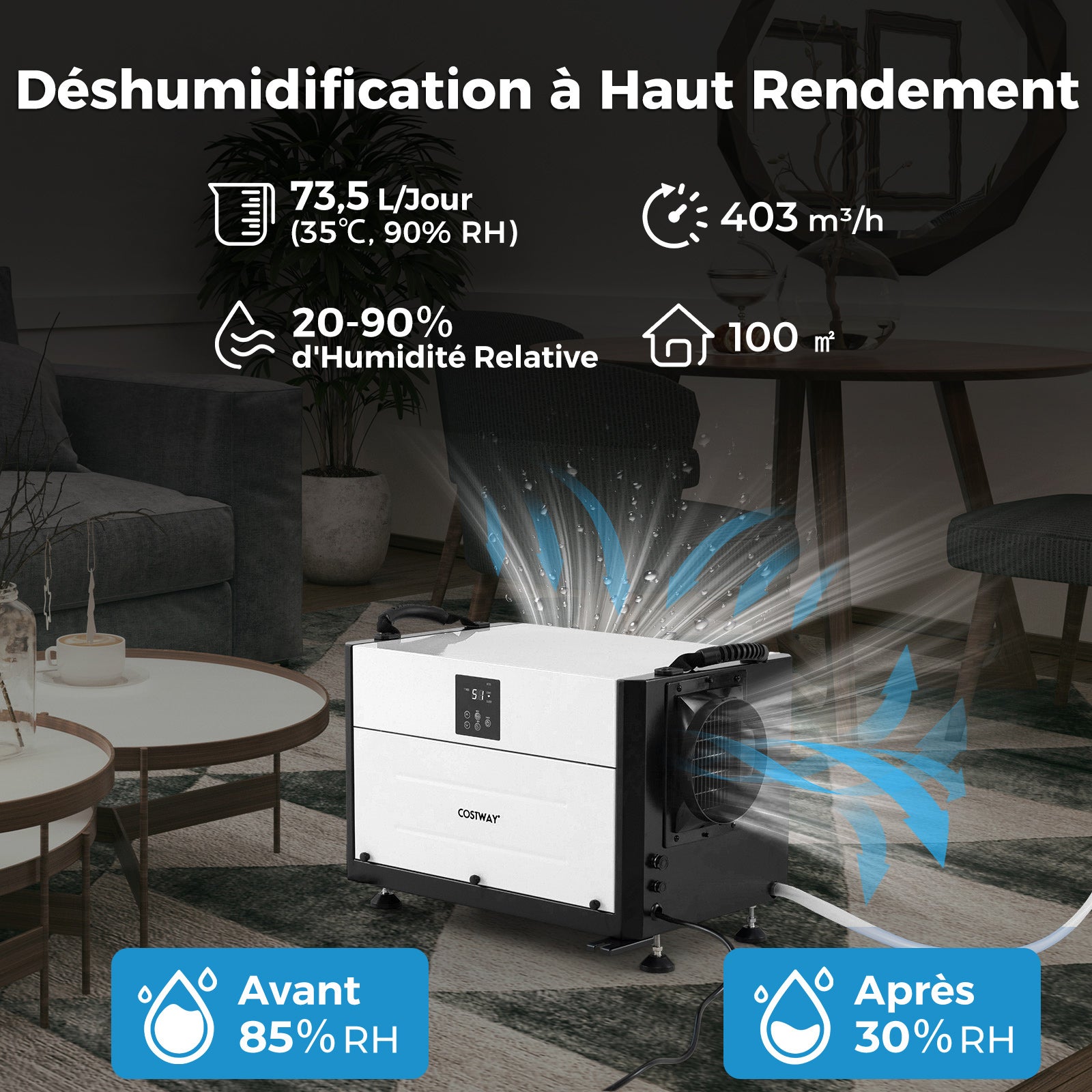 Déshumidificateur d'Air 73,5L/Jour Jusqu'à 100m² avec 3 Modes, Minuterie de 24&nbsp;H, Tuyau de Vidange, Dégivrage Automatique, pour Sous-Sol, Blanc - 9