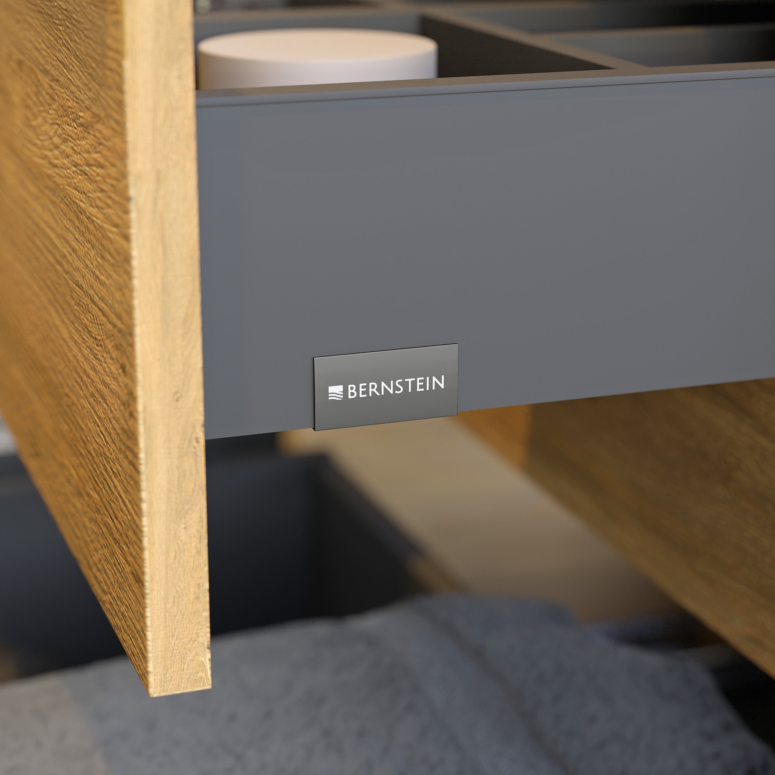 BERNSTEIN - Meuble double vasque suspendu MDF Chêne miel, lavabos fonte Noir mat + trous robinet, tiroirs pivotants - 160x46x62cm - VIREO - 5