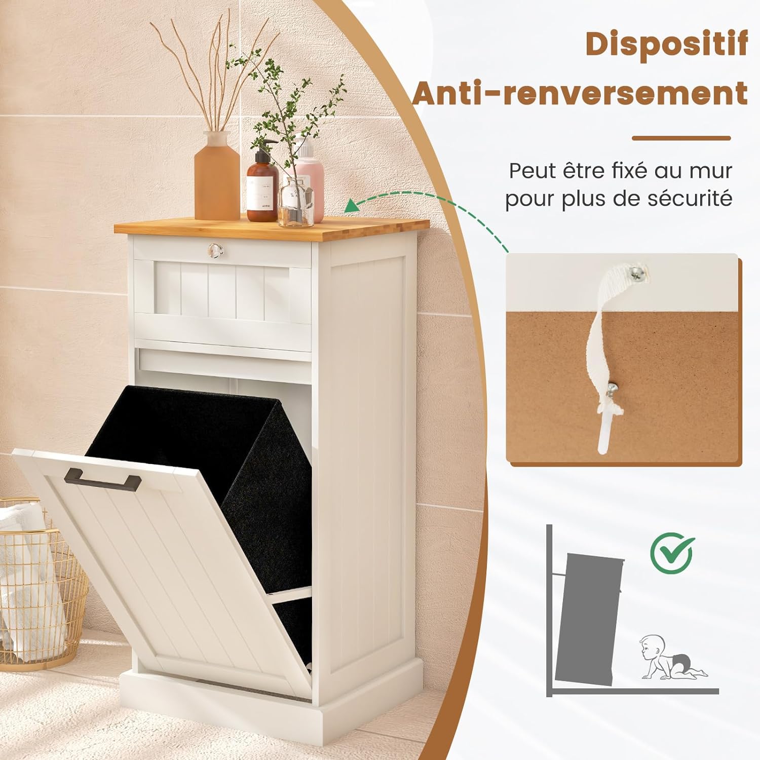Meuble Salle de Bain avec Tiroir et Placard 38L, pour Cuisine, Salle de Bain, 40 x 37 x 82 cm - 3