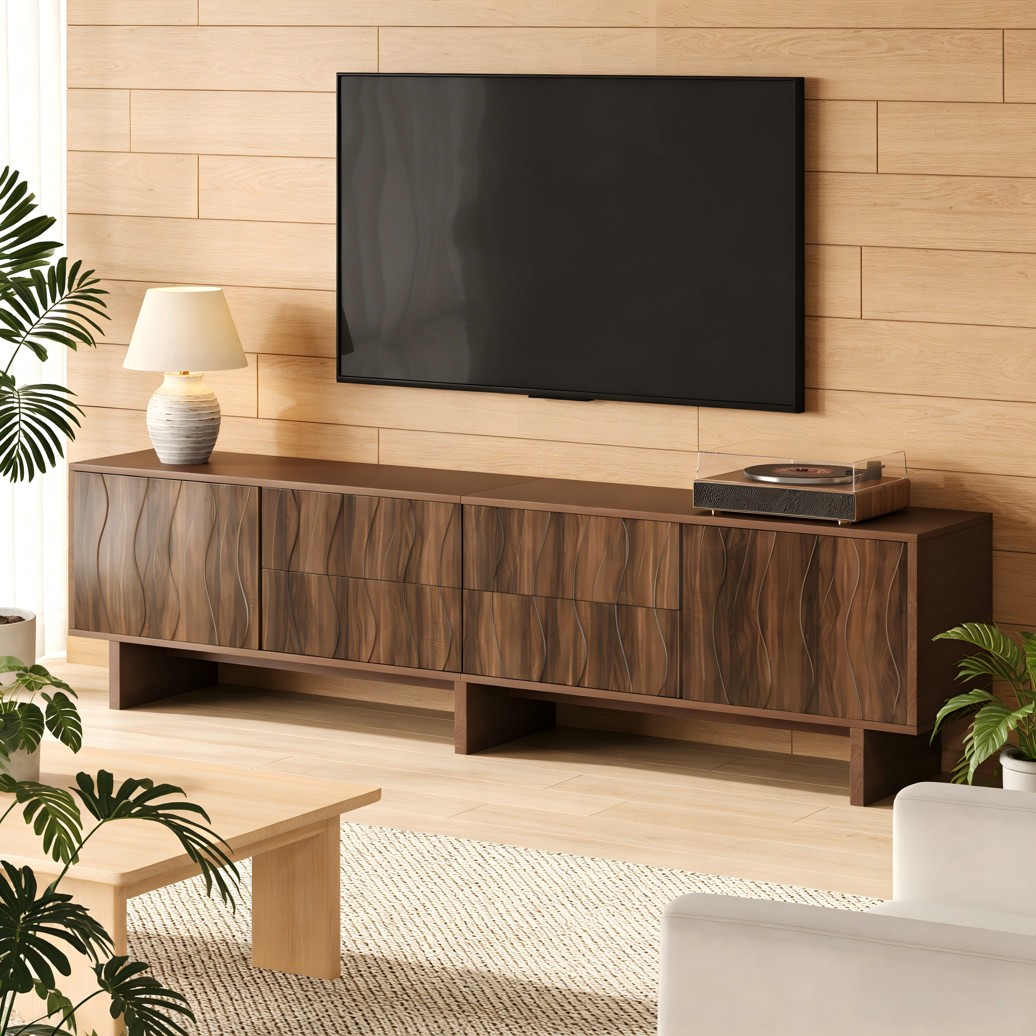 Szafka RTV 180 x 40 x 56 cm - 4 szuflady i 2 drzwi - Falisty wzór - Płyta wiórowa - Kolor ciemnego orzecha