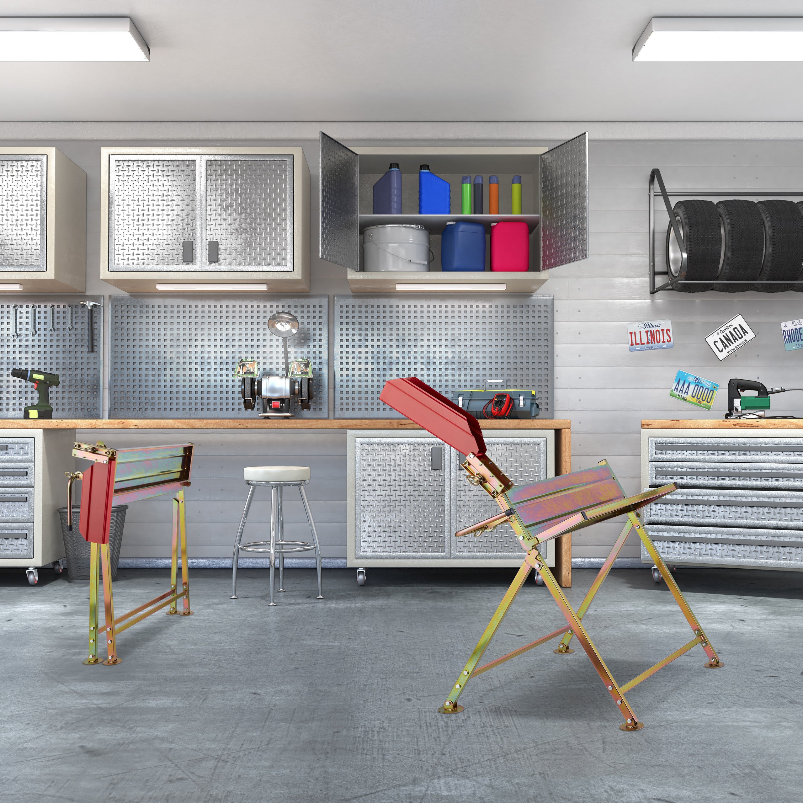 Chevalet sciage, support pour tronçonneuse, protège-guide, barre mesure coupe, charge max 120&nbsp;kg, métal, doré, Relaxdays - 2