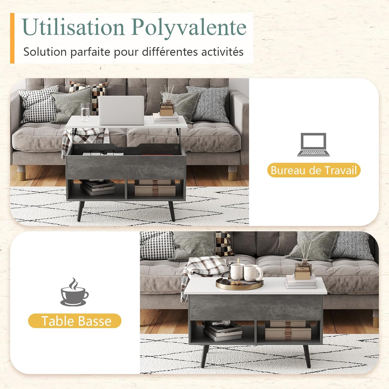 Tavolino Salotto Sollevabile in Legno, Tavolino da Caffè con Scomparto Nascosto e 2 Scaffali Aperti, Tavolino Basso e Modern per Soggiorno, Sa - 3