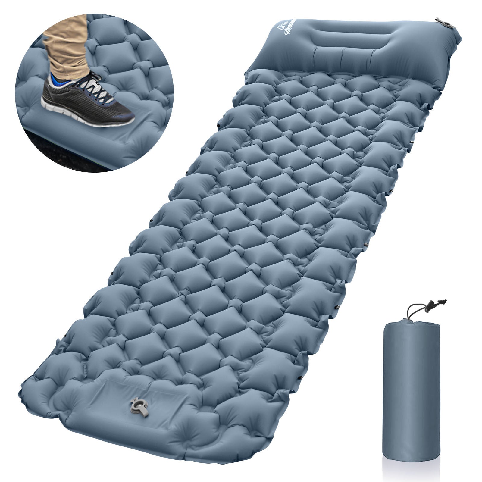 Ropoda Matelas Gonflable Double 10,9 Cm – Pompe à Pied Intégrée, Oreiller, 200x132 Cm, Nylon 40D, Sac Transport, Camping