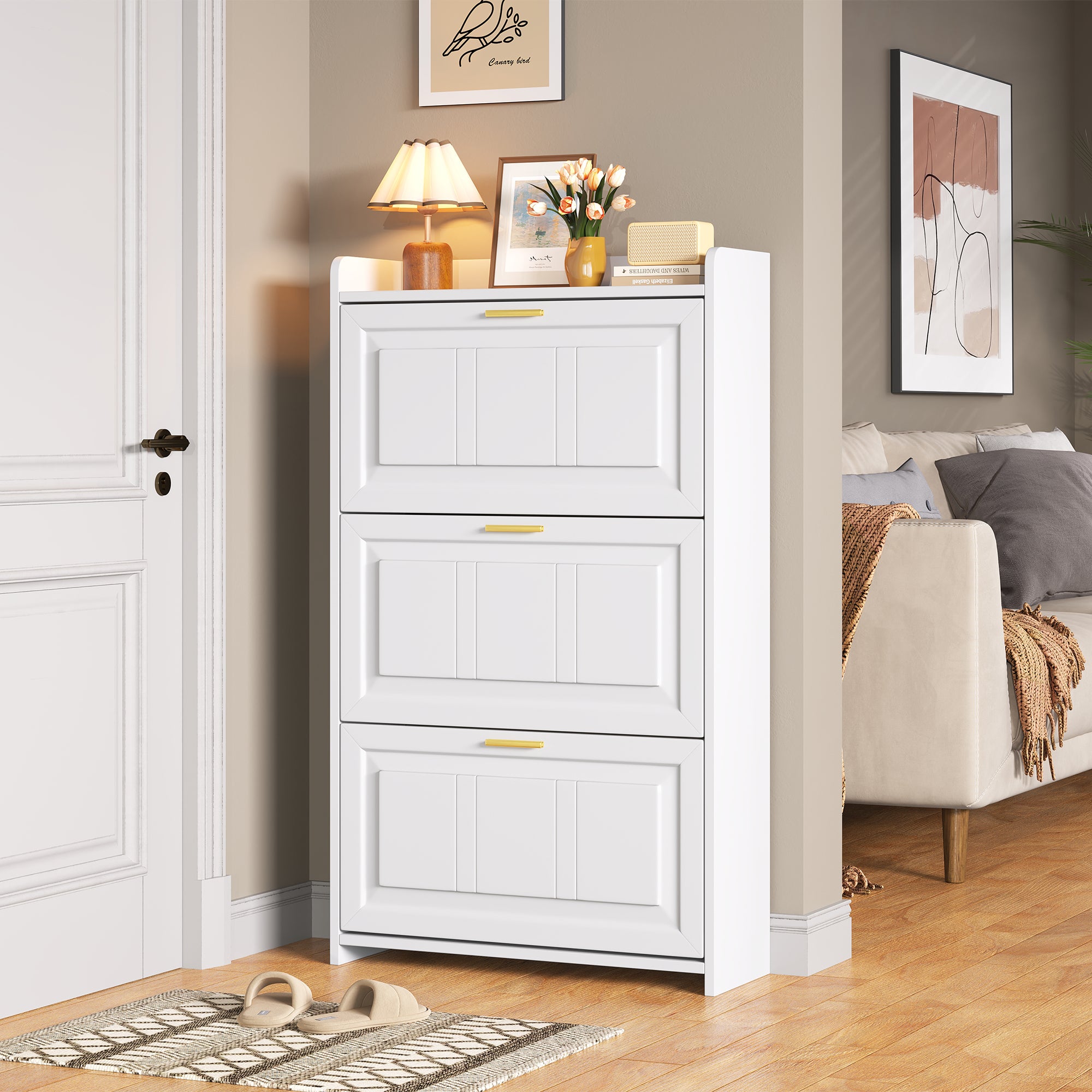 Meuble à chaussures avec 3 portes rabattables - 70 x 24 x 120 cm - MDF et panneaux de particules - Blanc - 4