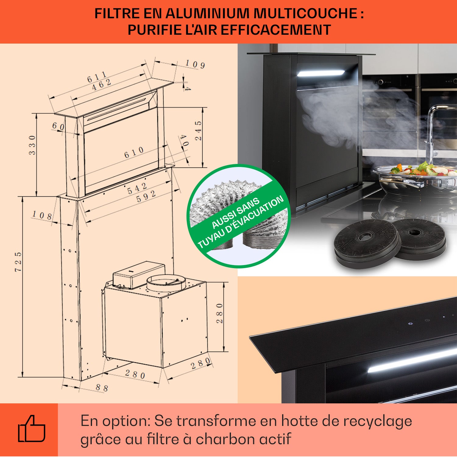 Klarstein Hotte aspirante Royal Flush Eco 60&nbsp;cm 576&nbsp;m³/h A+ Noir - 5