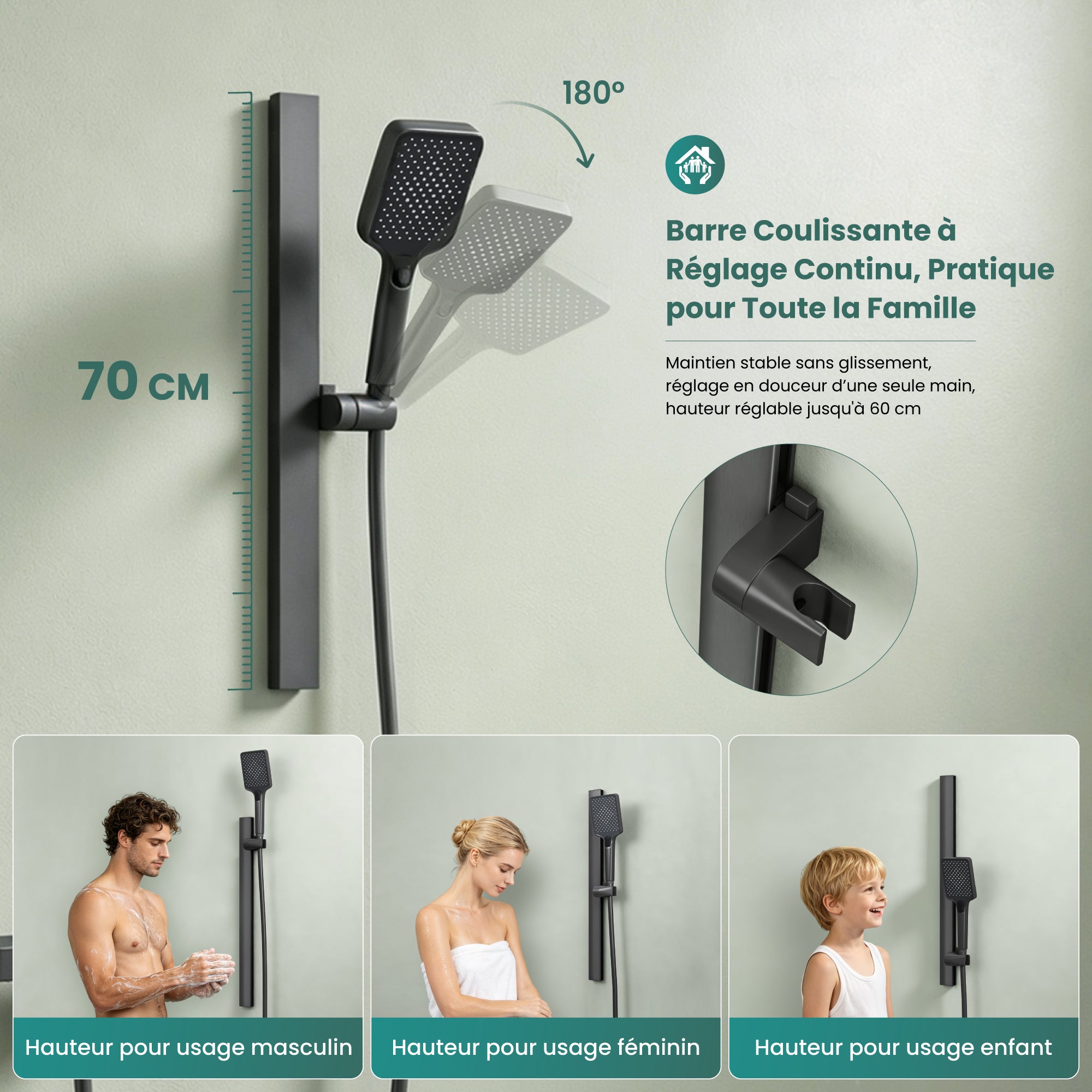 Mai & Mai Ensemble de Douche Mural Mitigeur Pommeau de Douche Gris Réglable en Hauteur 3 Modes de Jets Arvexa-02 - 7
