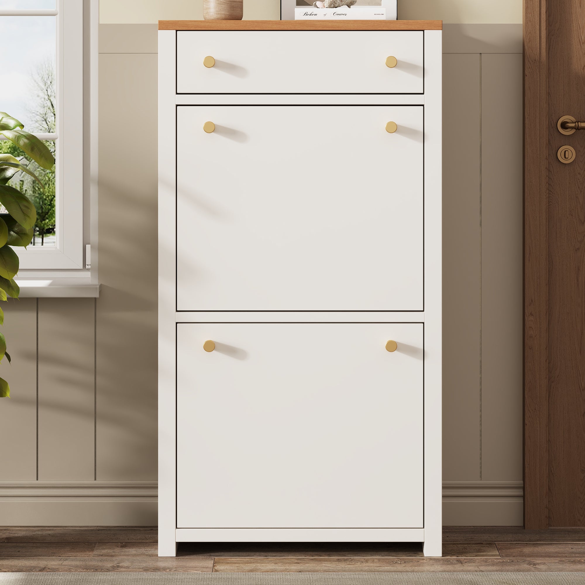 Szafka na buty z 2 drzwiami opuszczanymi, szufladą i regulowanymi półkami – MDF – 50 x 25 x 95 cm – imitacja białego drewna - 7