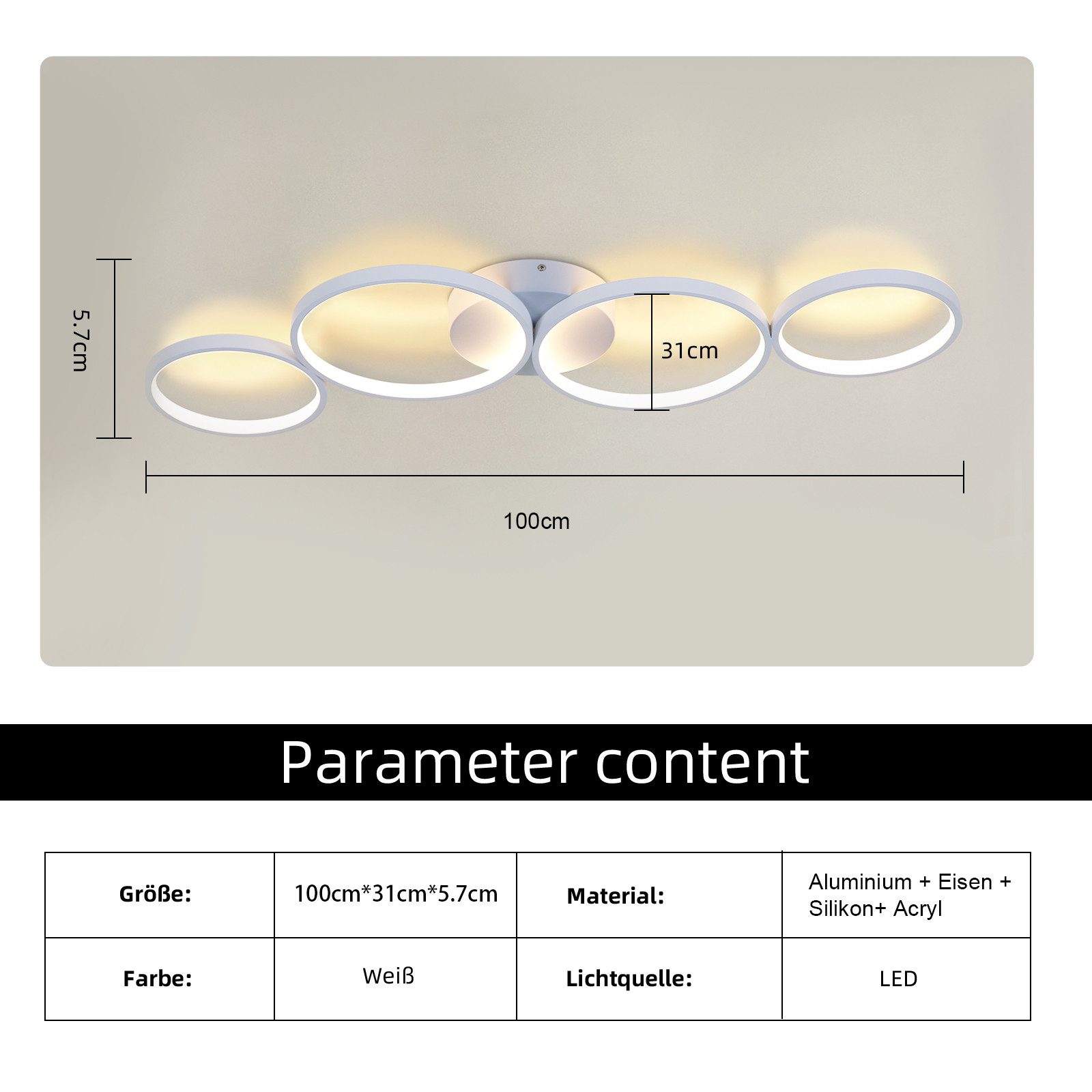 NETTLIFE Lampa sufitowa LED 100 cm Ściemnialna 4 Pierścienie Nowoczesne 56 W Białe oświetlenie Z Pilotem - 3