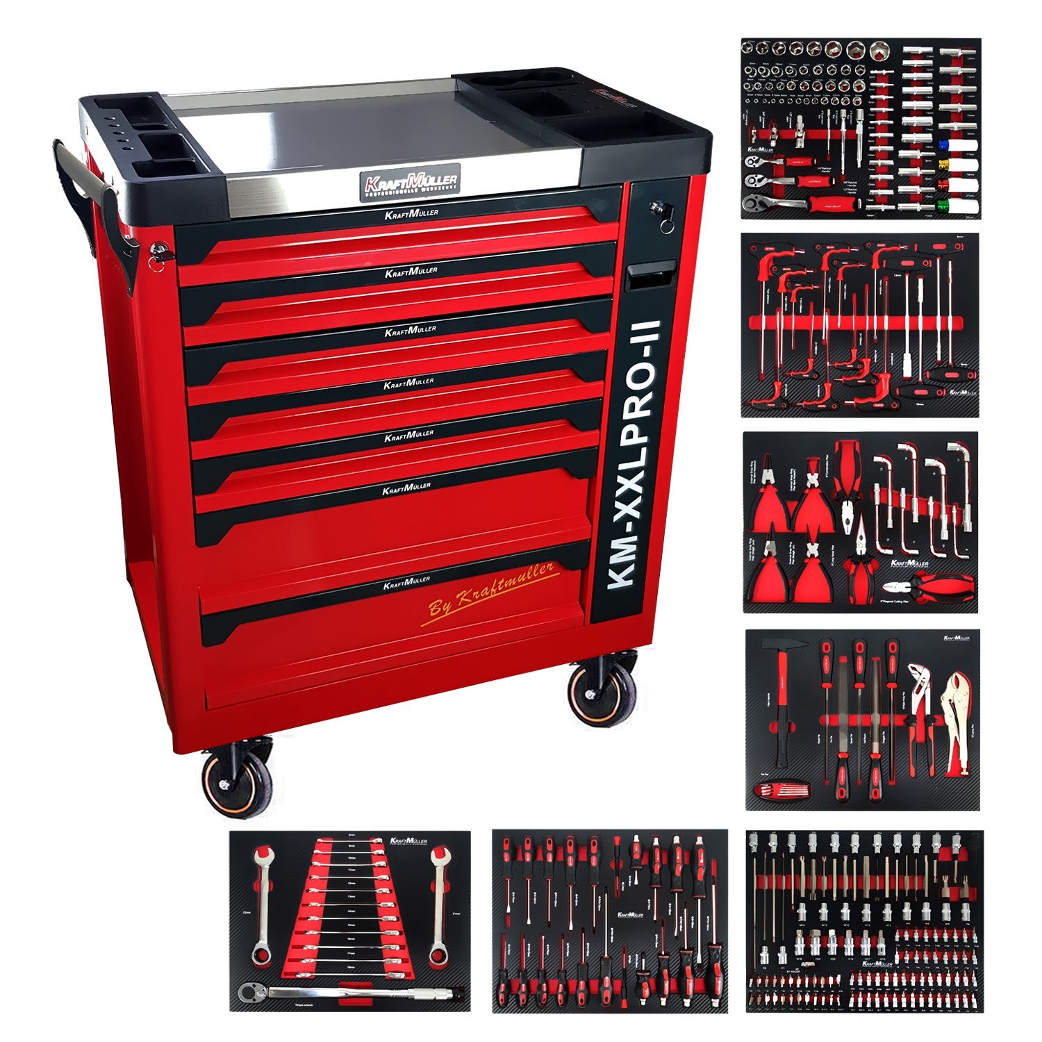 Servante d'atelier Kraft Muller KM-XXL PRO II TOOLS - 257 outils - Clé dynamo - 7 tiroirs, 1 coulissant, Roulettes, Black Red - 2