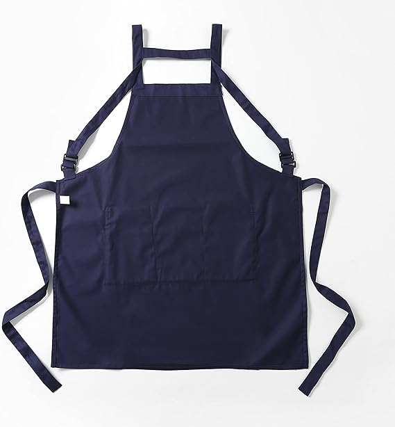 BILMASEE Delantal De Algodón Sarga Azul Marino – Grueso De 200 G/m², Tamaño Único Con Doble Bolsillo Y Correas Largas