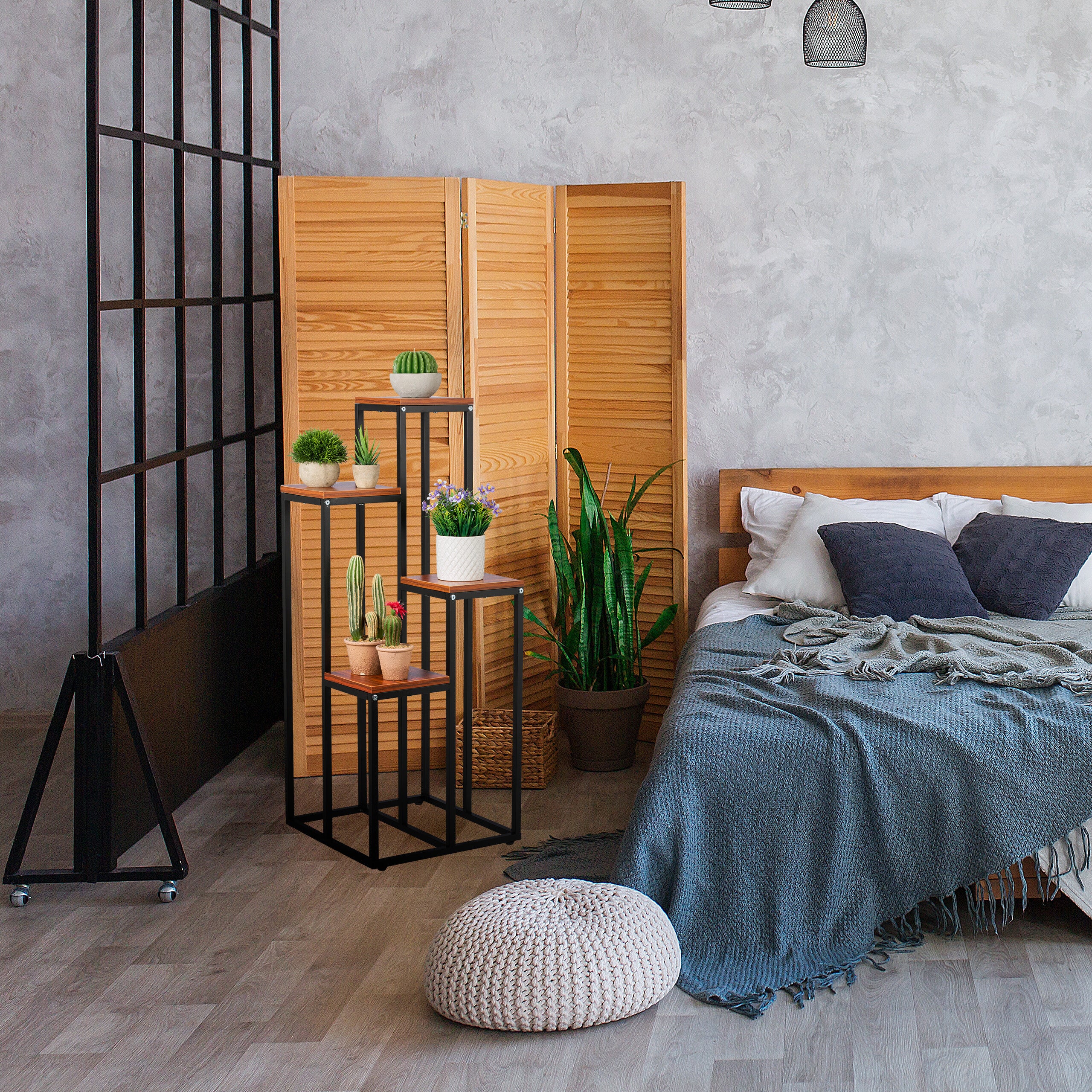 Étagère à plantes, 4 niveaux, HxLxP : 100x40x40 cm, acier et MDF, escalier pour fleurs, noir-marron, Relaxdays - 2