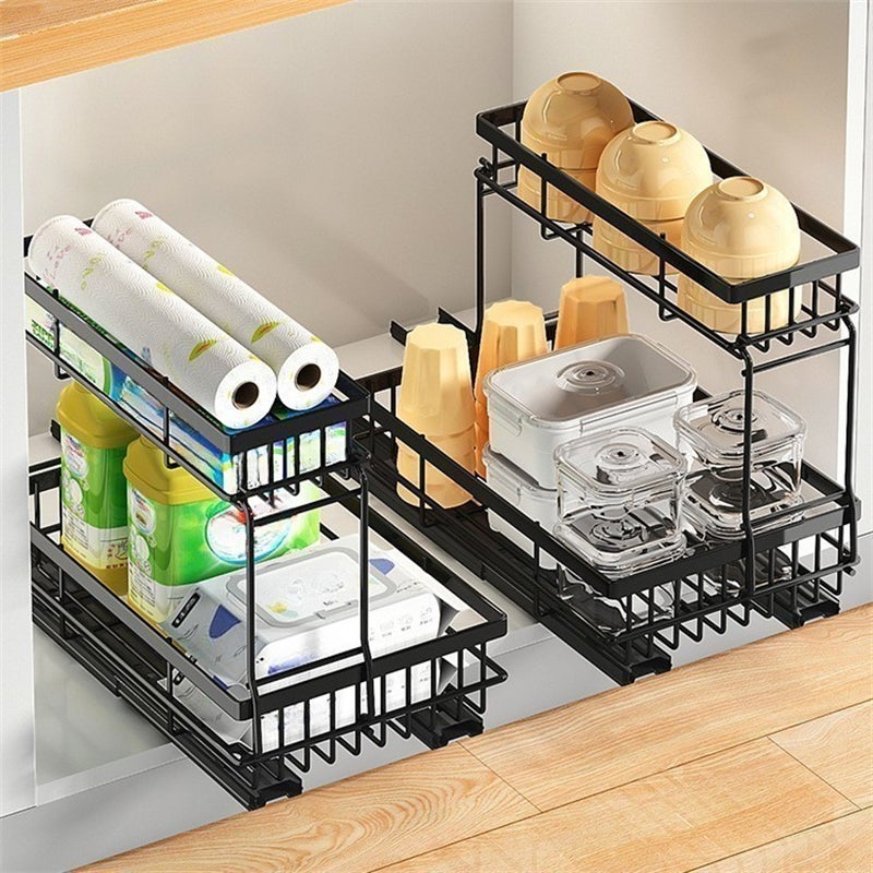 Étagère de rangement sous évier avec paniers coulissants, organisateur à plusieurs niveaux pour cuisine et salle de bain, noir - 2