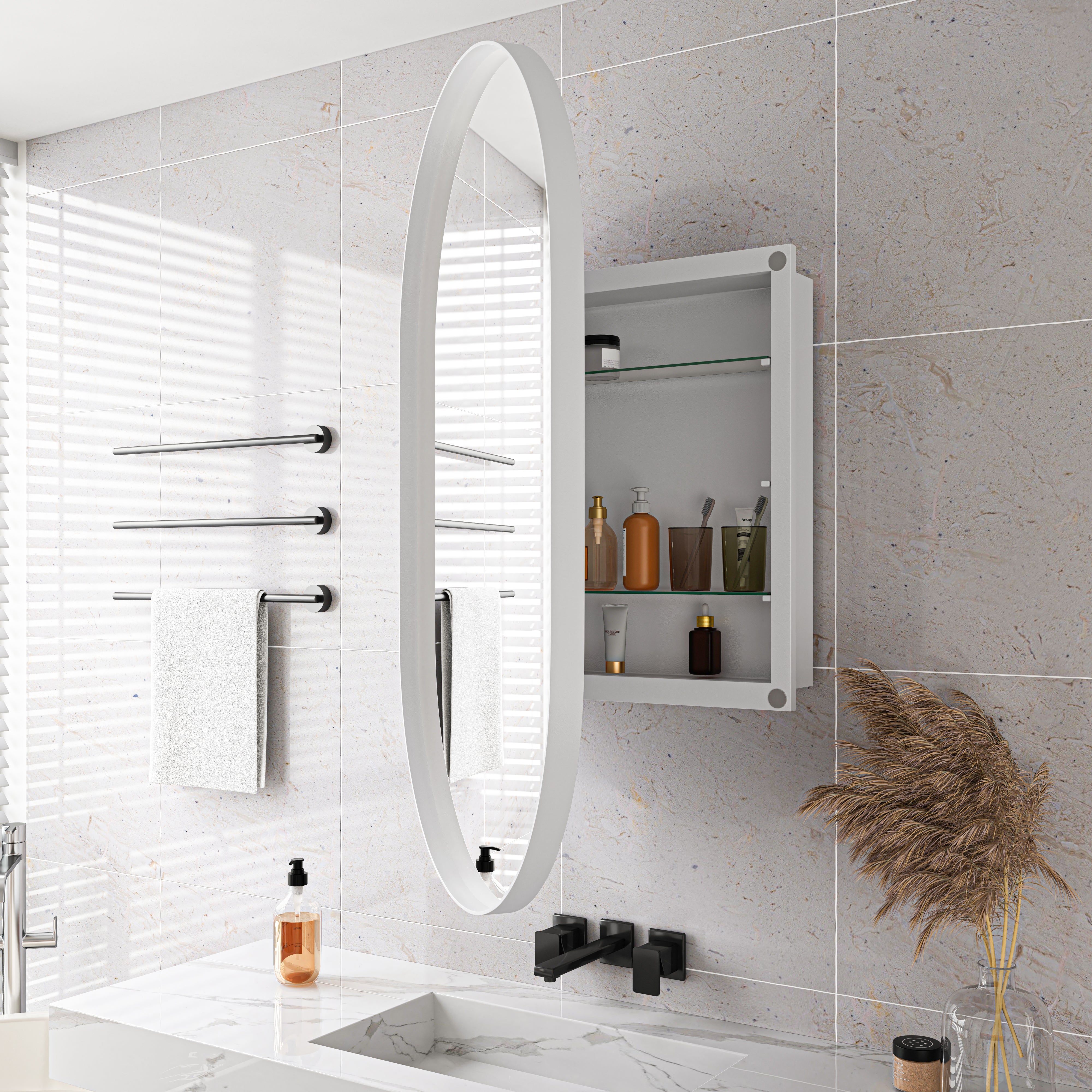 Armadietto per medicinali con specchio e ripiani per bagno, disappannante intelligente, 116,8 x 76,2 cm, montaggio a parete a LED, per bagno, specchio cosmetico, armadietto medicinale con