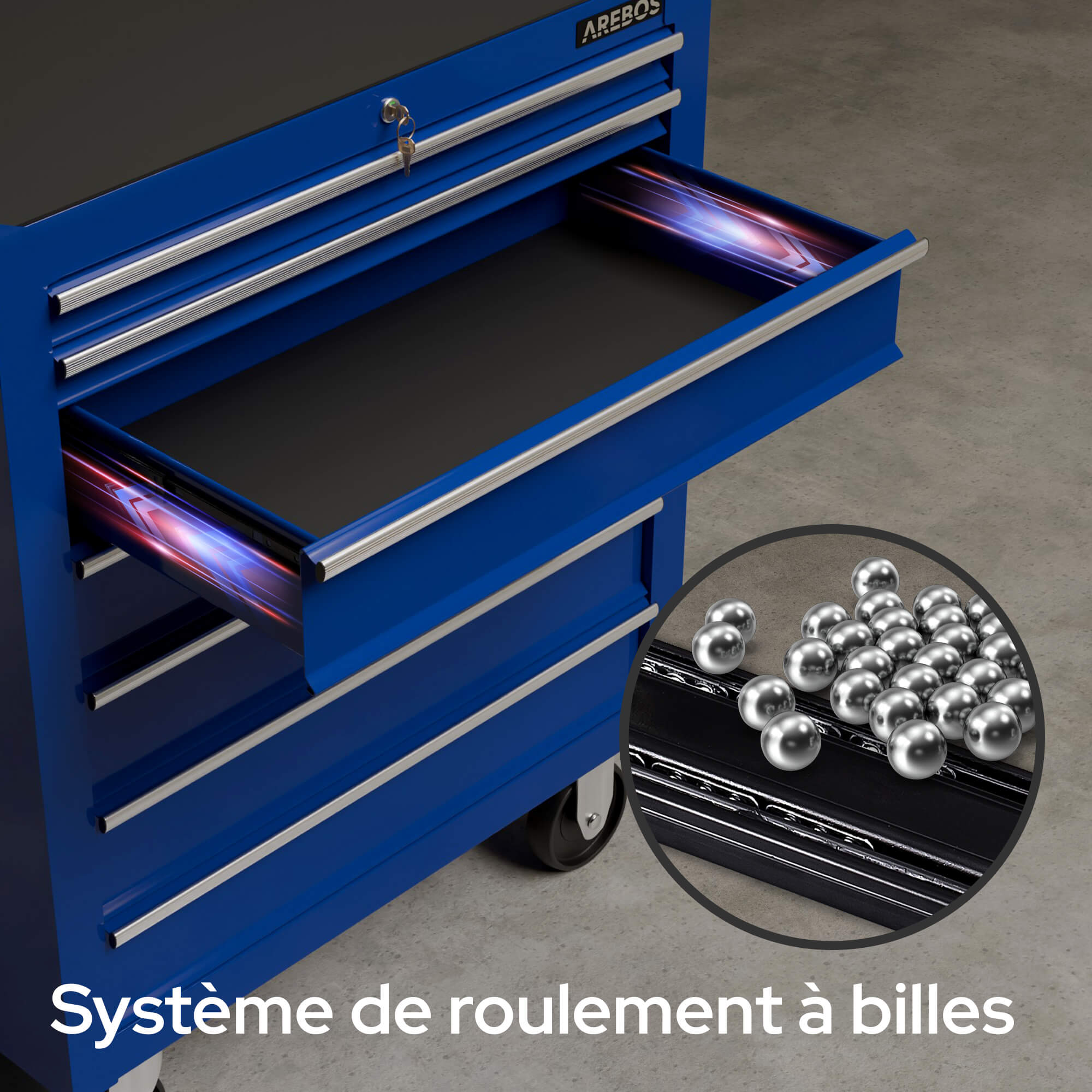 AREBOS Chariot d’atelier robuste avec 7 tiroirs, roues pivotantes et système de verrouillage central sécurisé - 3