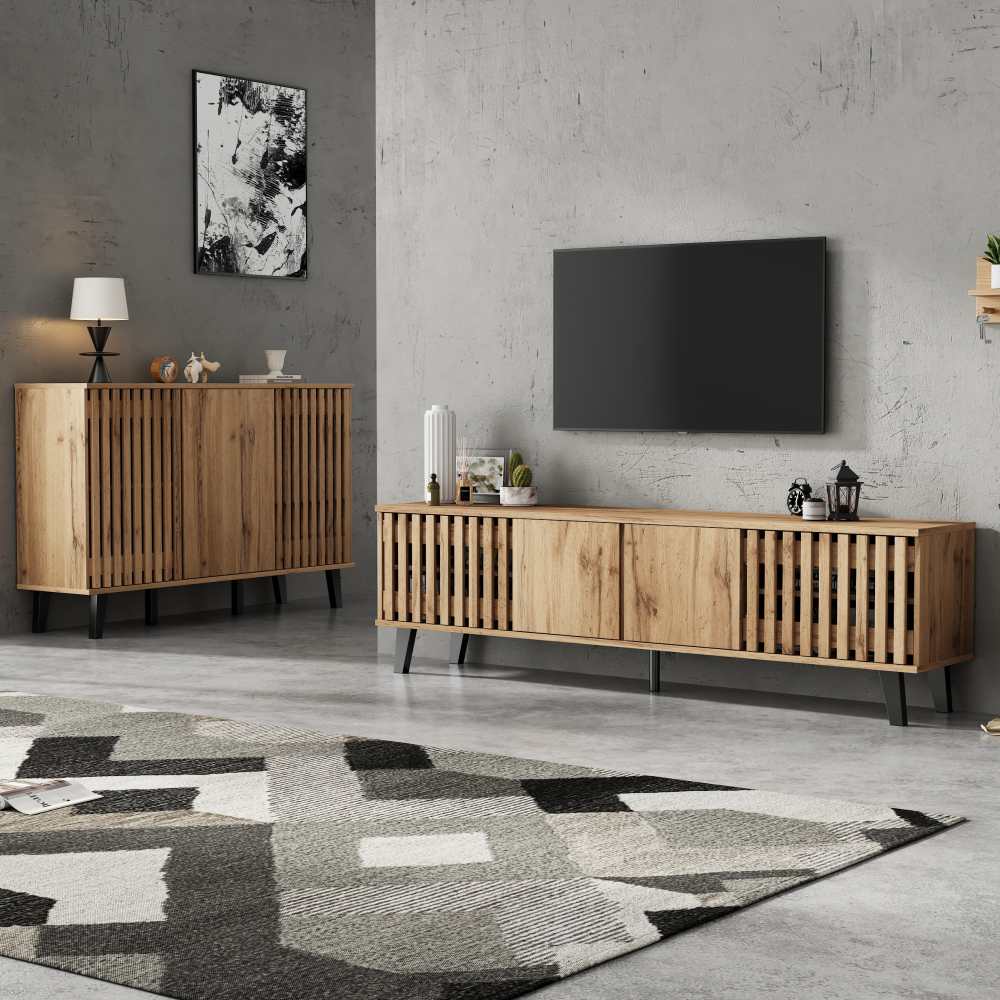 Modułowy stolik RTV z drewna i komoda, 180x40x55 cm i 150x40x95 cm, z 14 przegródkami, zintegrowanymi drzwiami i stabilną konstrukcją.