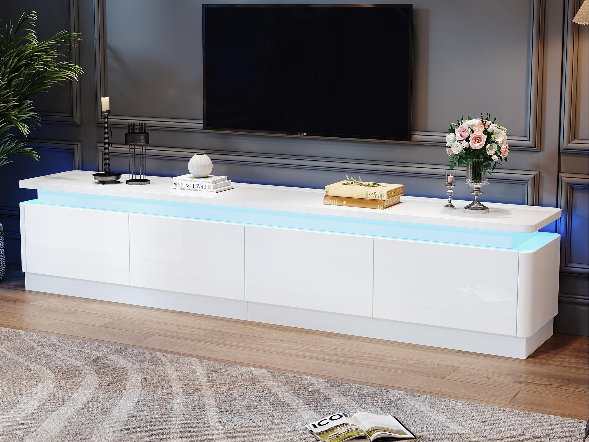 Stolik pod TV 180x34x40cm - z 4 szufladami - z oświetleniem LED - wykończenie błyszczące - kolor biały