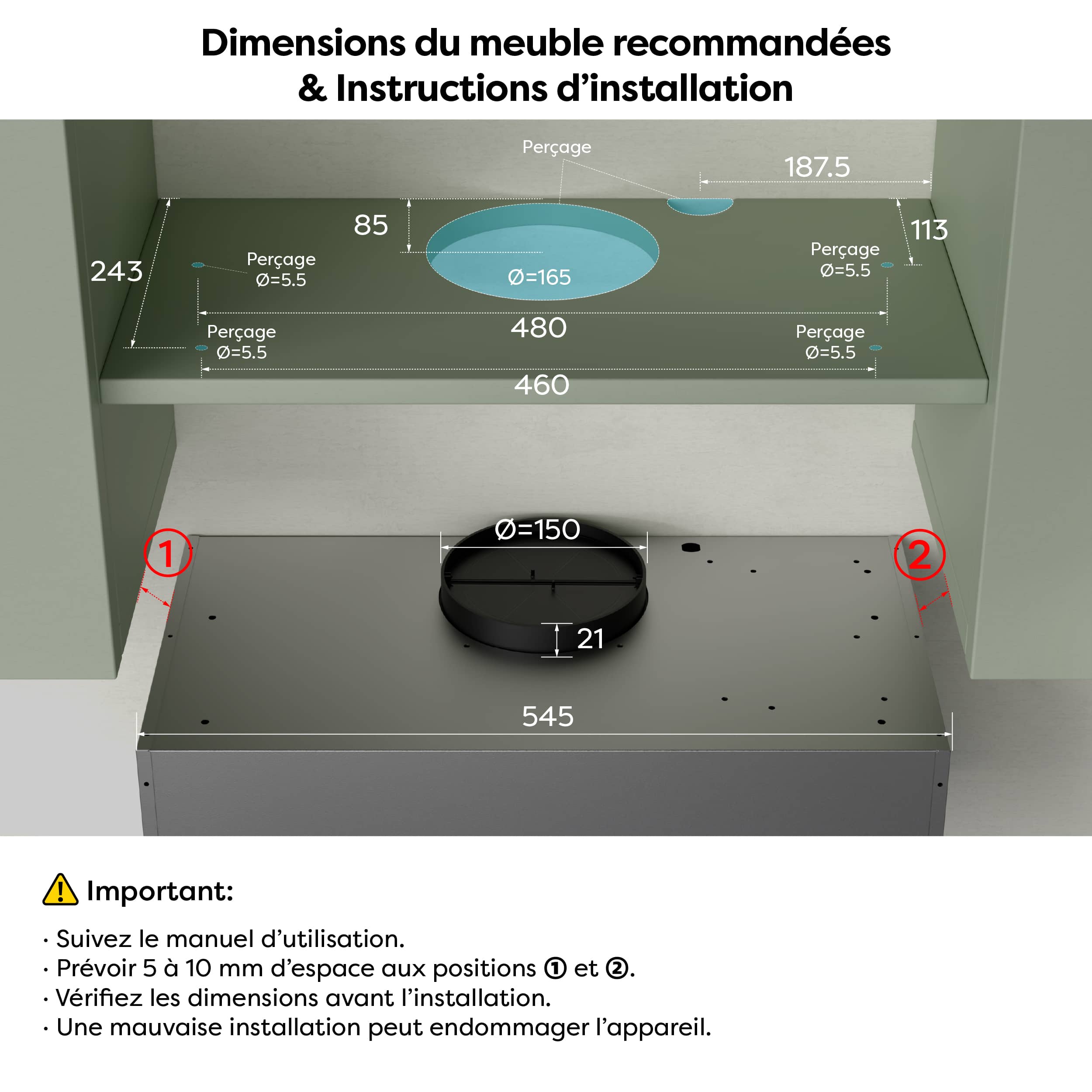 CIARRA Hotte tiroir encastrable 60cm 606 m³/h A+ 3 Vitesses Touche Tactile LED Affichage Recyclage et Évacuation Inox CD6909AS - 7