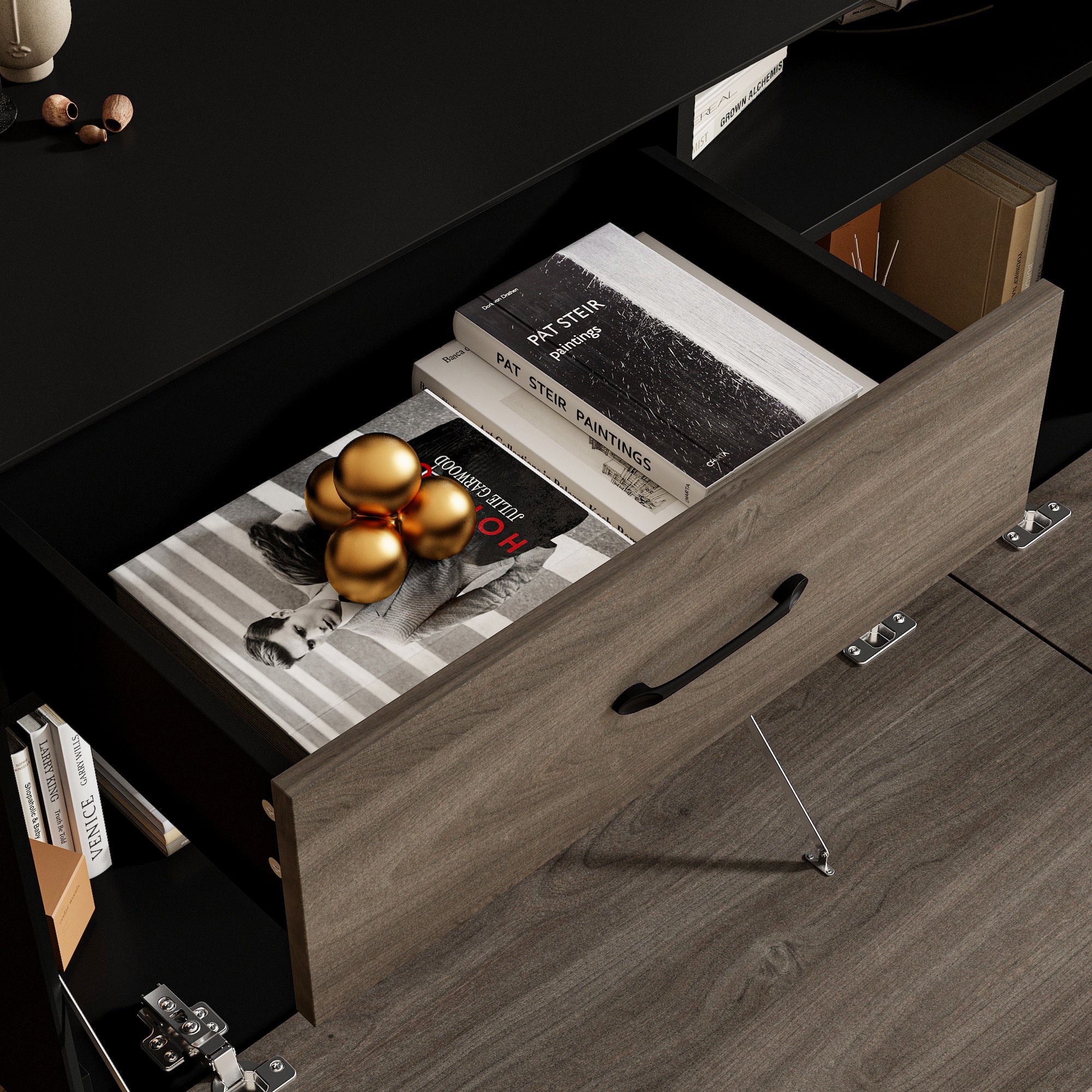 Meuble TV,Meuble bas avec 2 Portes rabattables et 2 Tiroirs, Support TV avec grain de bois pour Salon,160x68x40cm, Marron - 5