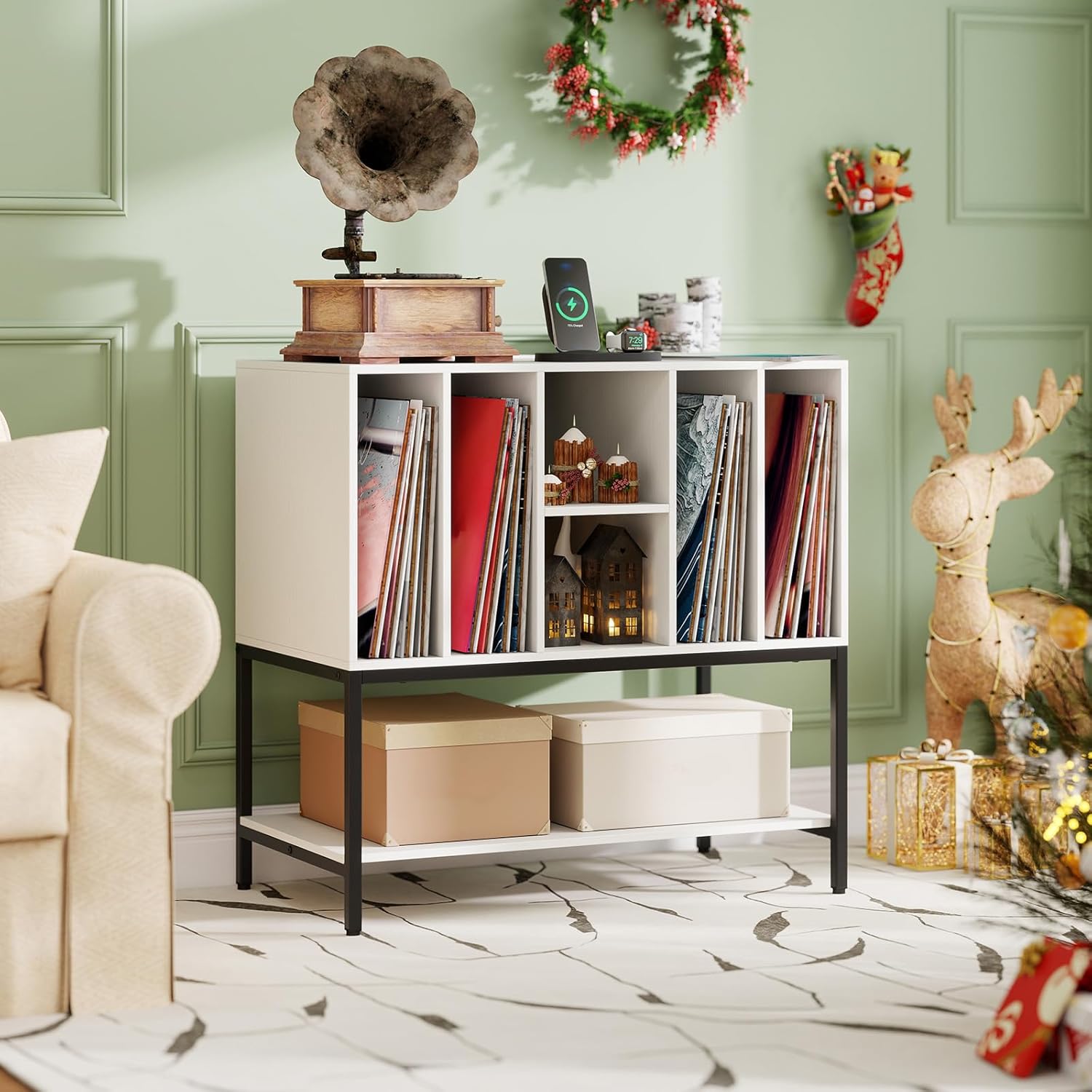 Meuble Platine Vinyle 80 x 45 x 79,5 CM, Table Tourne-Disque avec étagères & Station de Charge, Cadre en Métal, Organisateur de Rangement, Blanc - 5