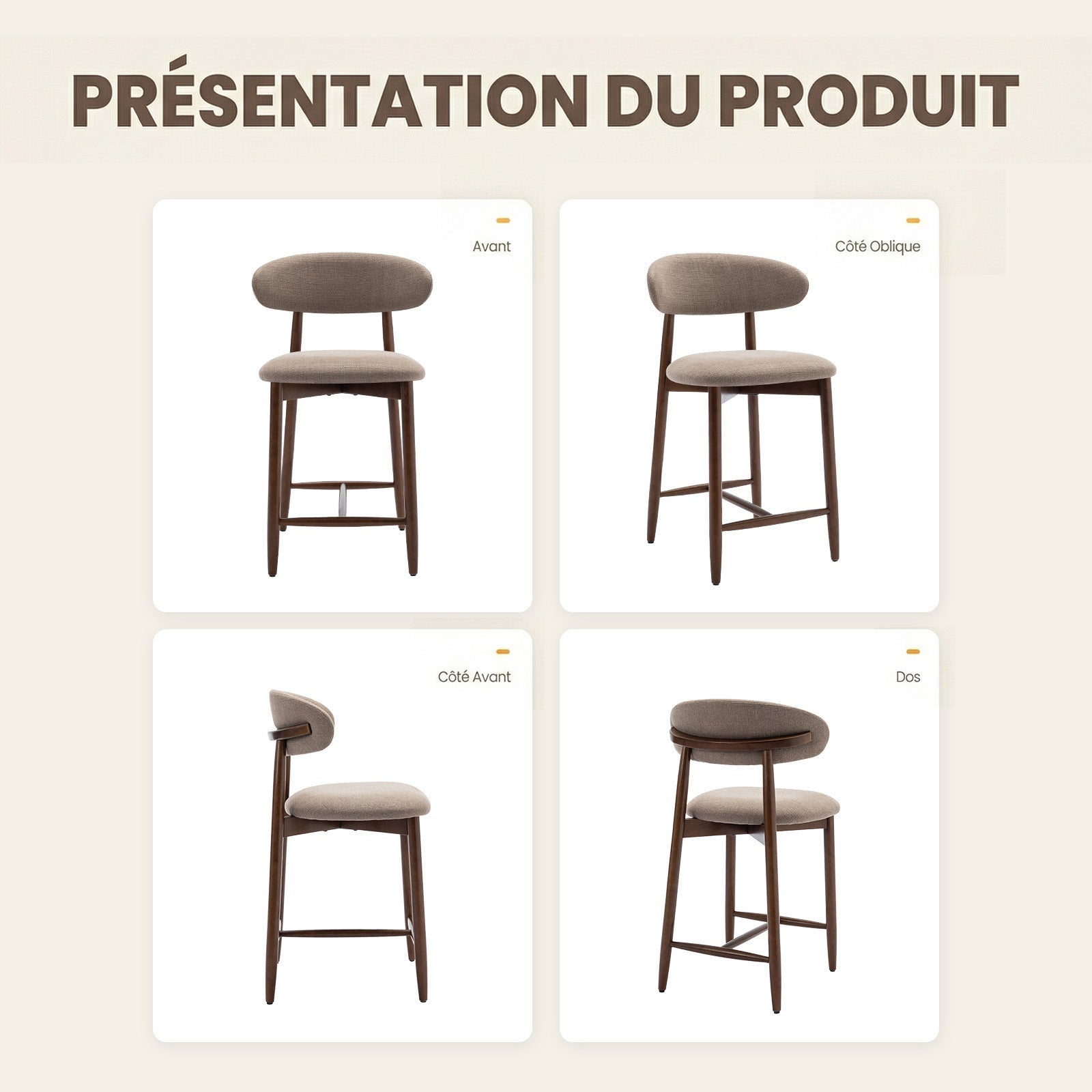 Lot de 2 Chaises de Bar Modernes, Assise Confortable en Tissu, Structure en Bois, Marron - 9