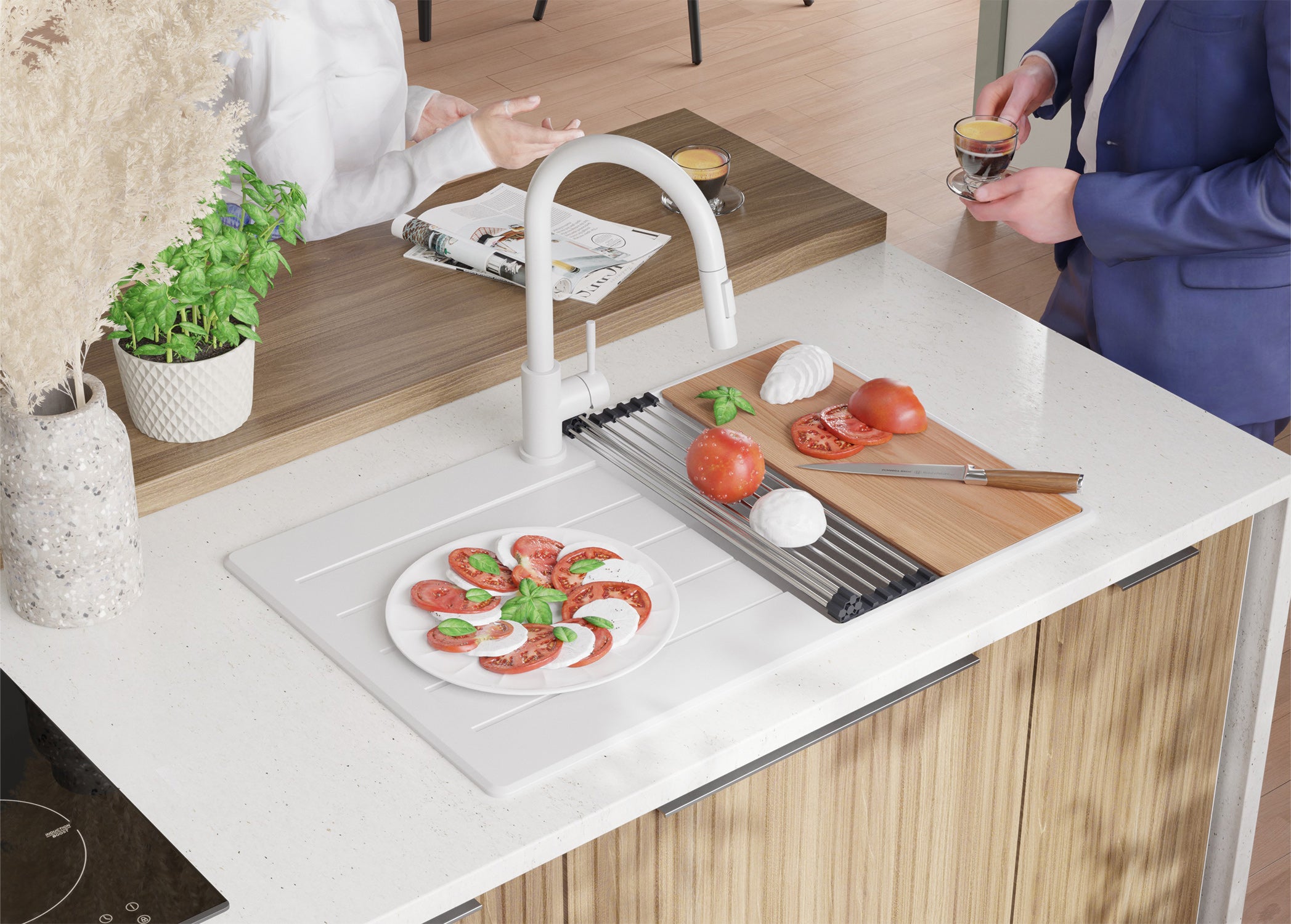 Lava-louça de pousar Branco 78x50cm, Pia de Cozinha 1 cuba + Kit de drenagem + Kit de acessórios, Pia em Granito em armários de 45cm PRIMAGRAN - 2