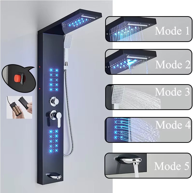 Panneau de douche LED, colonne de douche cascade sur pied avec pommeau de douche, douche de pluie murale (Noir) - 3