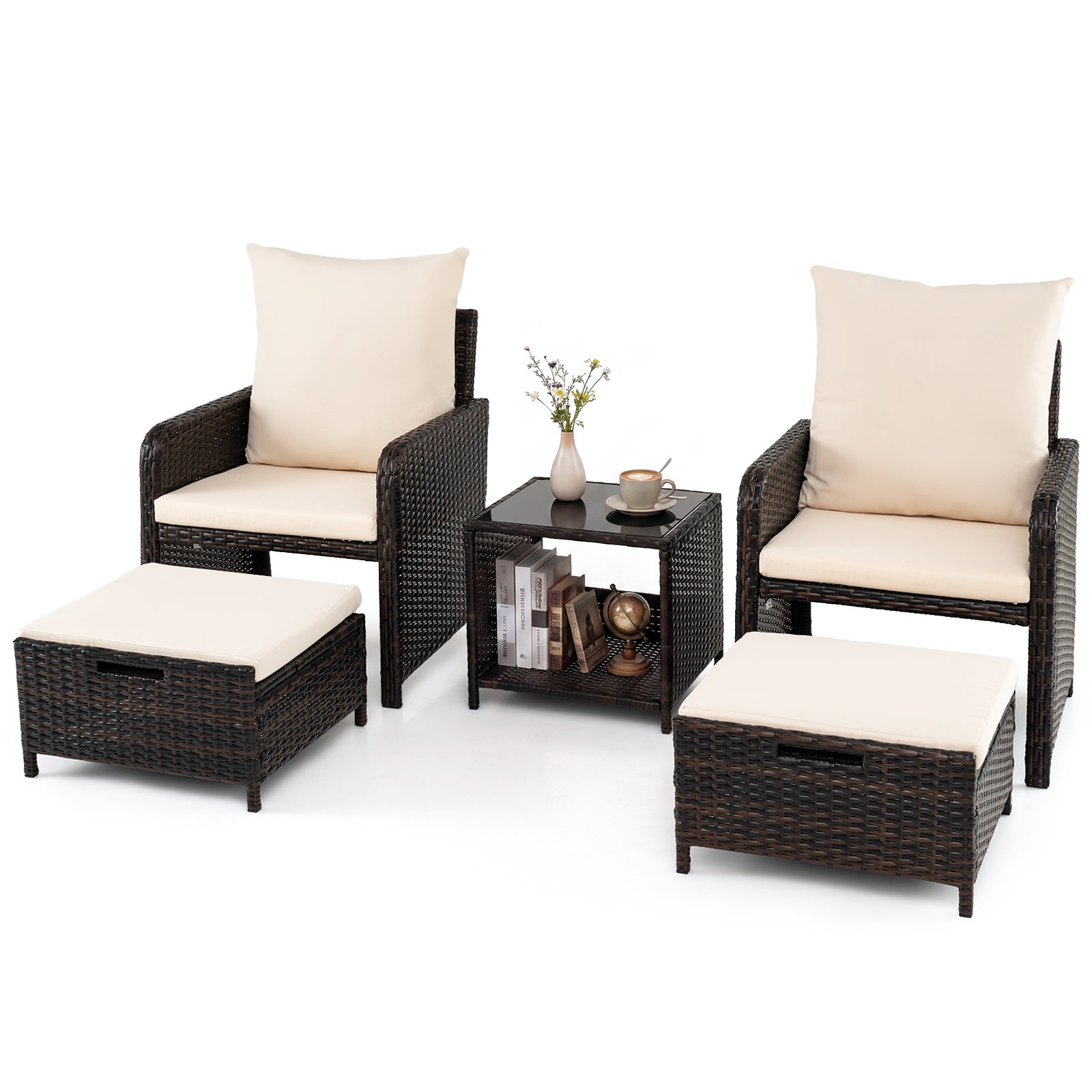 Set de mobilier de grădină din ratan PE, 5 piese, cu 2 scaune și 2 taburete, perne confortabile, 1 masă din sticlă securizată