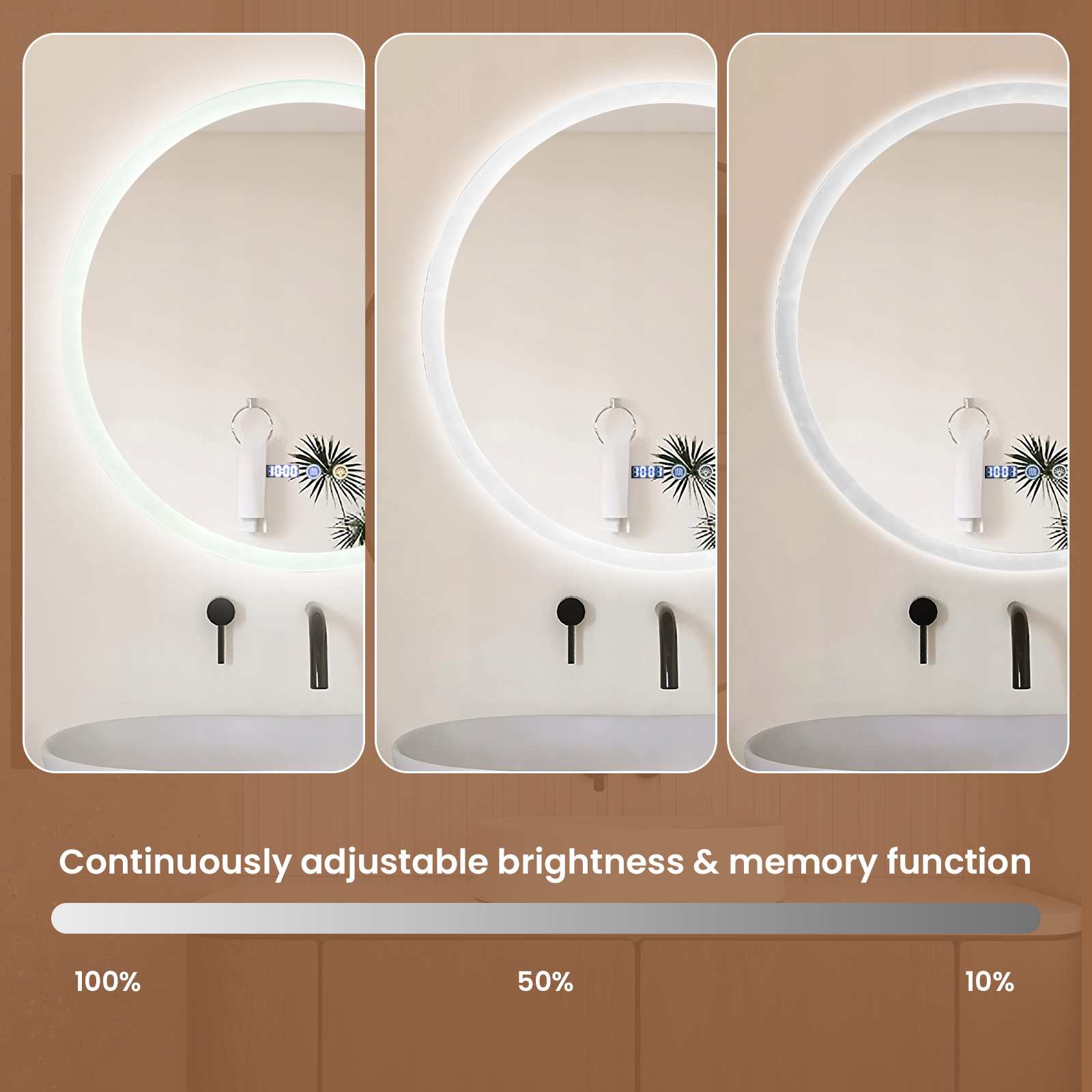 Espejo baño LED inteligente redondo antivaho táctil 3 colores regulable memoria seguridad vidrio impermeable diseño moderno lujo - 7