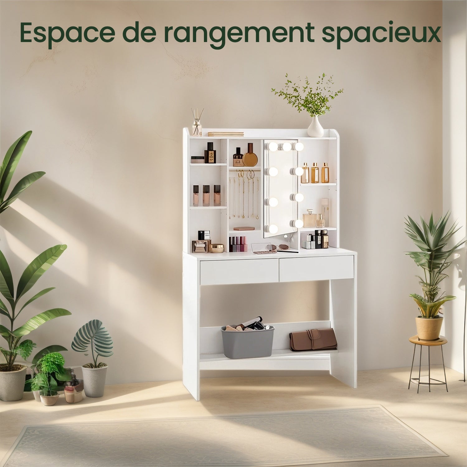 Coiffeuse avec 9 Lumières LED, 3 Tonalités et Luminosité Réglable, Moderne, avec Miroir, Étagères Réglables, 2 Tiroirs, Blanc Nuage - 2