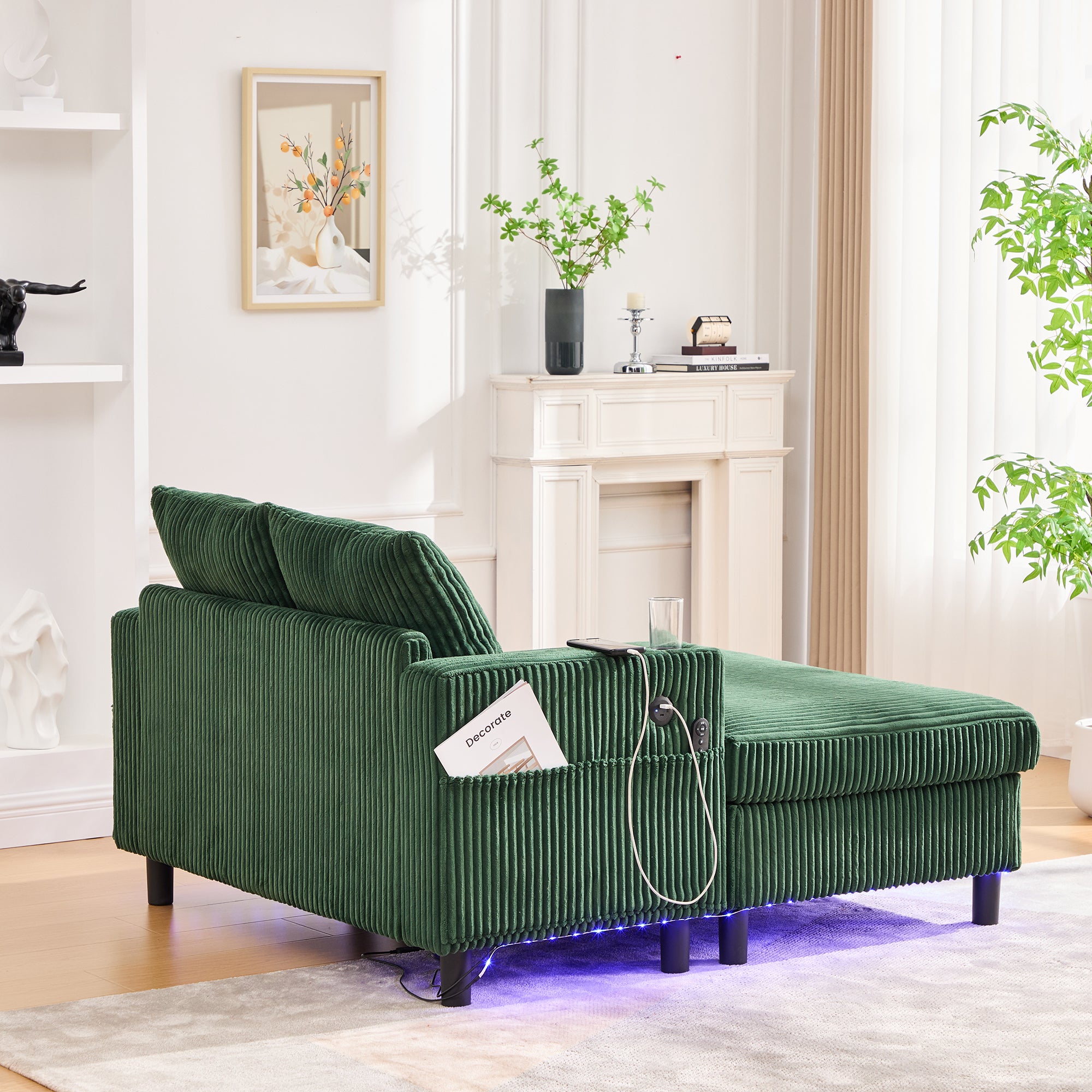 Fauteuil-longue avec porteboissons latéraux, prises USB, LED, en velours, couleur émeraude - 6