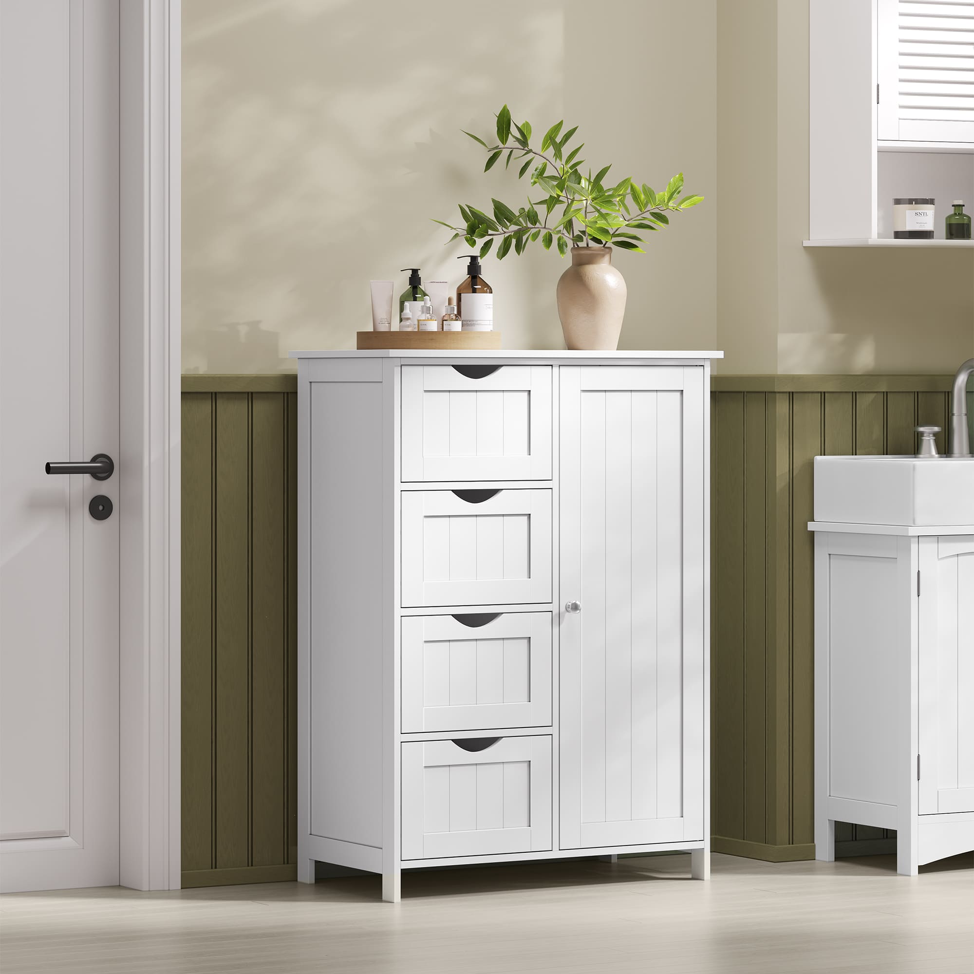 Meuble Salle de Bain Rangement, Armoire Gain de Place, Commode, avec 4 Tiroirs, Placard avec Porte, Étagère Réglable, 35 x 65 x 90 cm, Blanc Nuage - 2