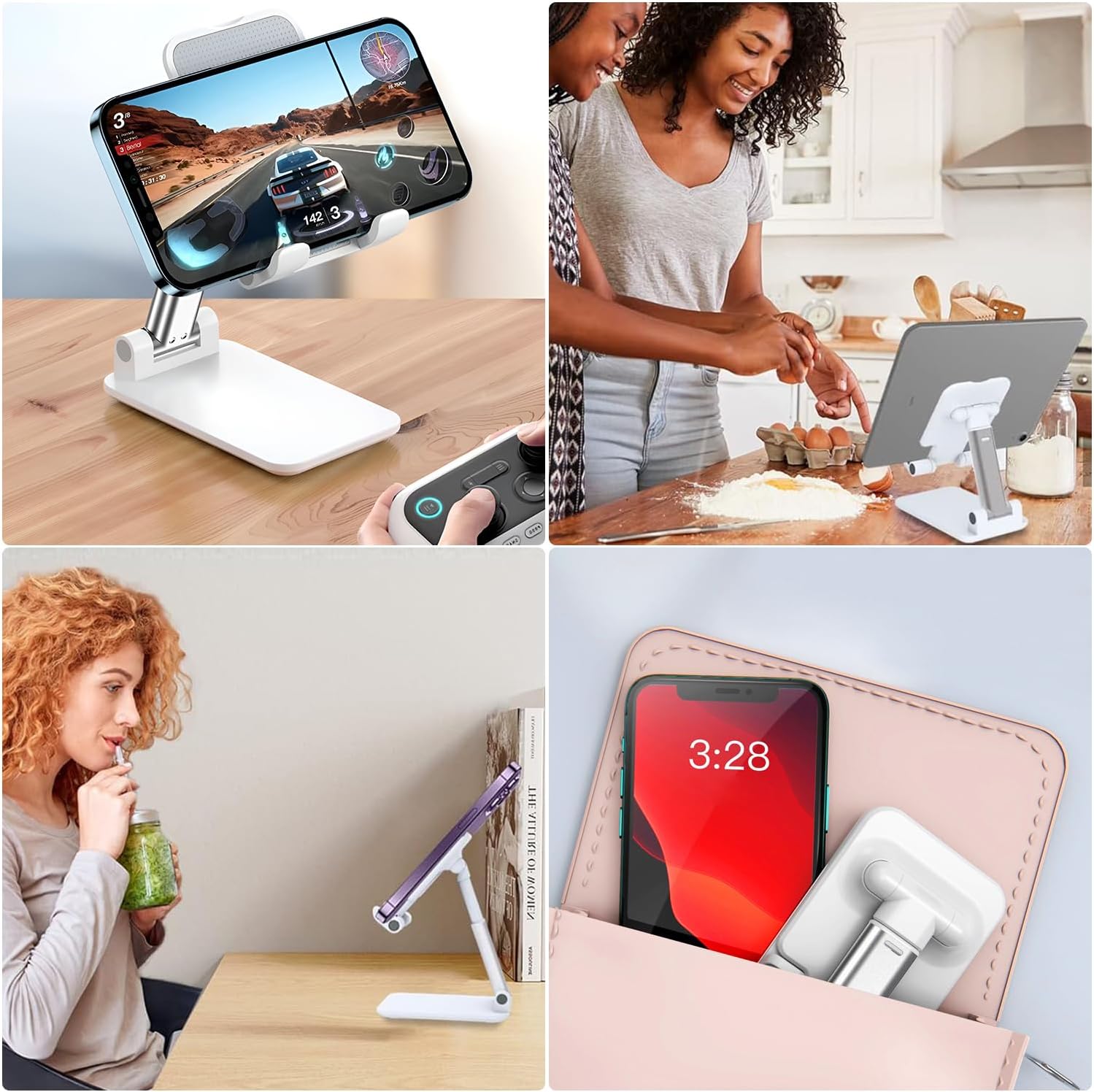 Supporto Per Cellulare Da Scrivania Regolabile In Altezza 23-43 Cm | Base Stabile E Antiscivolo | Pieghevole E Portatile | Compatibile Con Smartphone E Tablet | Colore Bianco