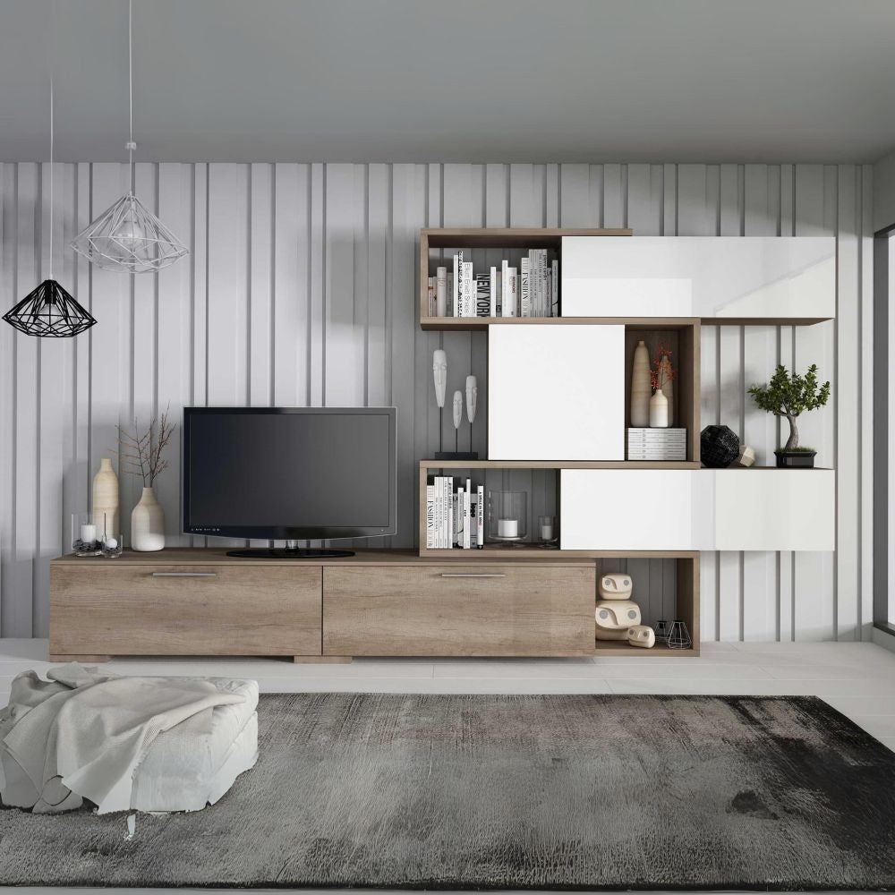 Parete attrezzata lineare o angolare reversibile colore rovere e