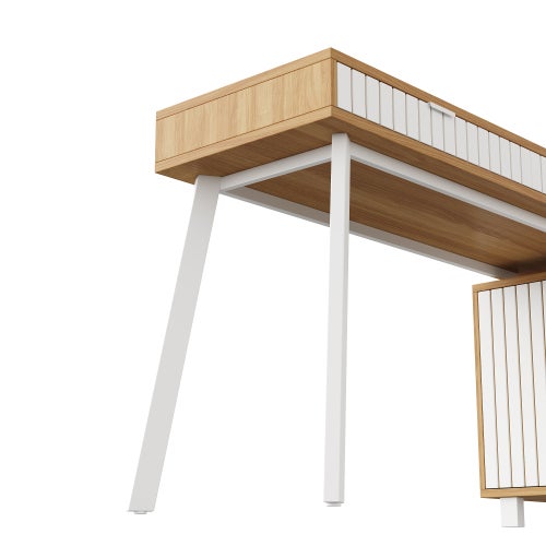 Bureau en L 140x120x76,5cm, style moderne, motif à rayures verticales, pieds en acier, deux tiroirs, grand espace de rangement - 9