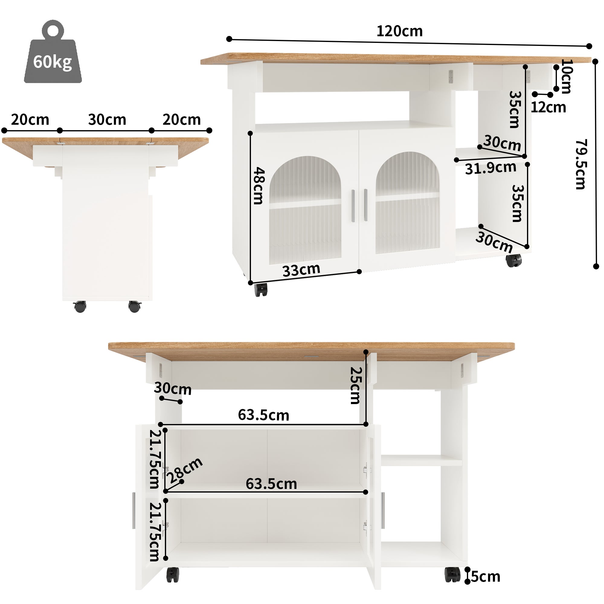 Îlot de cuisine 120x30x79,5 cm, desserte de cuisine avec rangements, buffet, table de salle à manger multifonction, MDF, blanc - 5