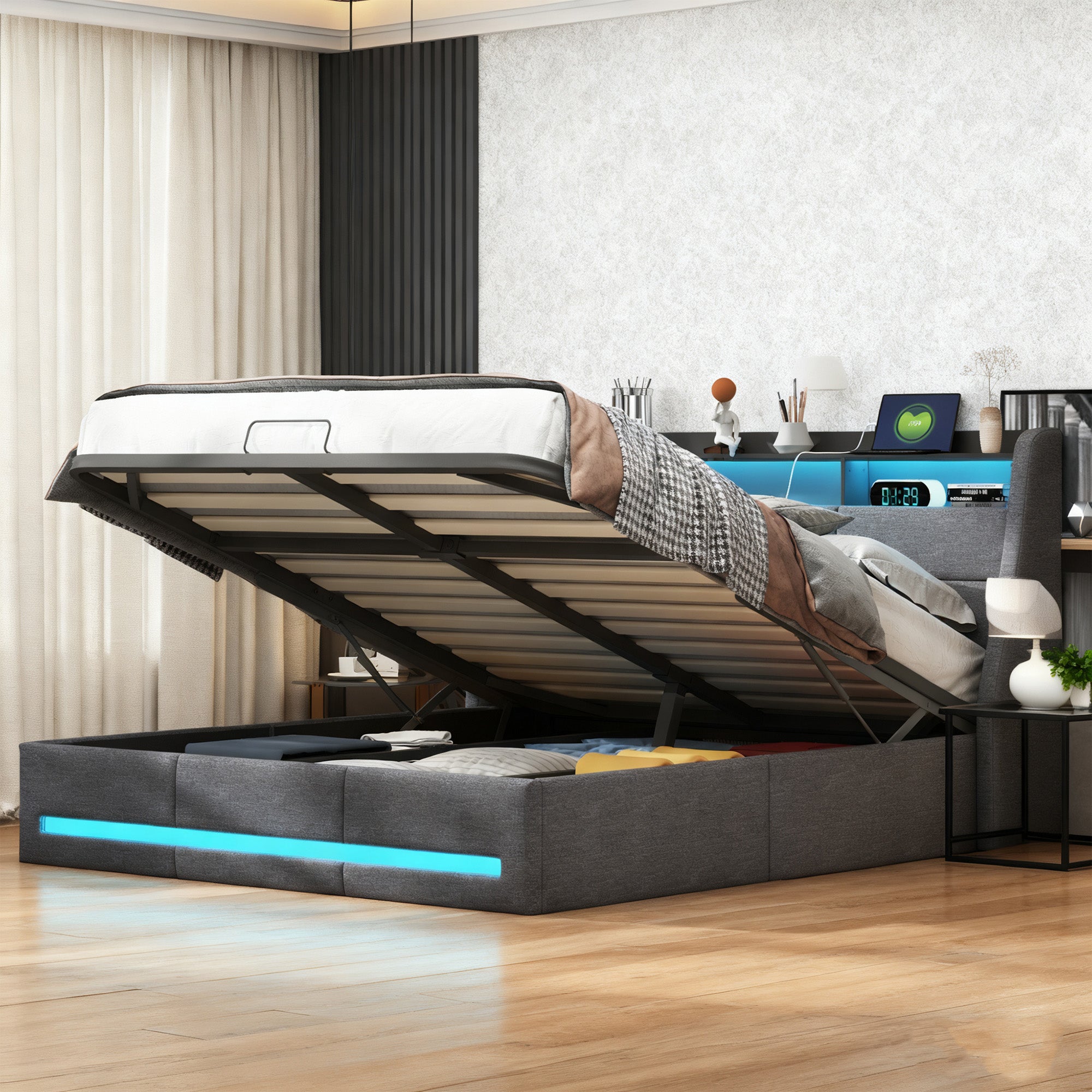 Lit coffre 140x190 cm avec port USB et Type C, lit double avec sommier à lattes, lit adulte avec LED, tissu en lin, 140x190 cm, gris - 2