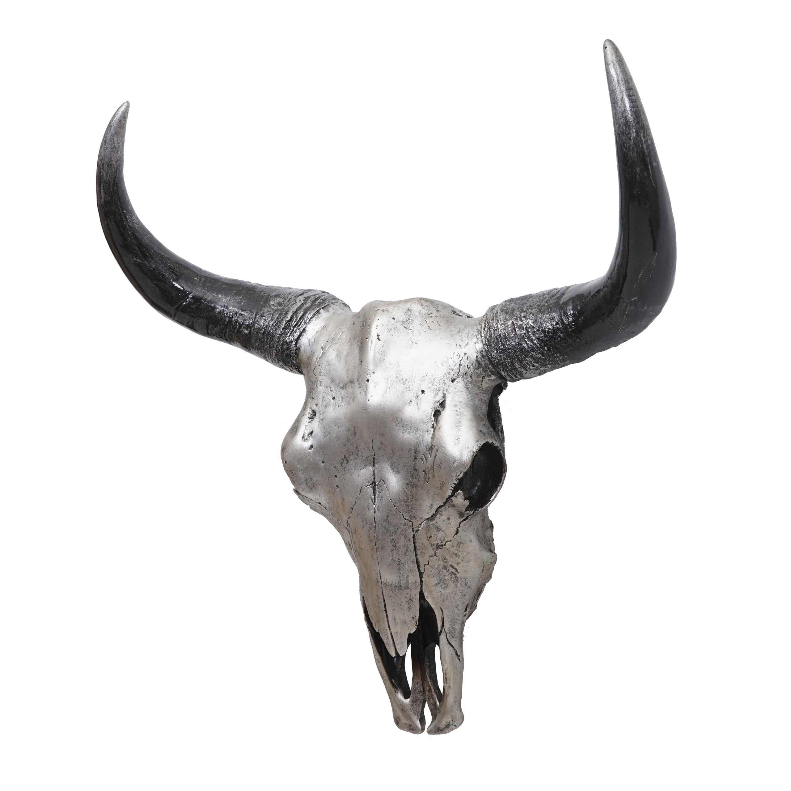 Cráneo decorativo 45 cm toro de poliresina cabeza de toro de cuernos largos trofeo de plata 04_0006600