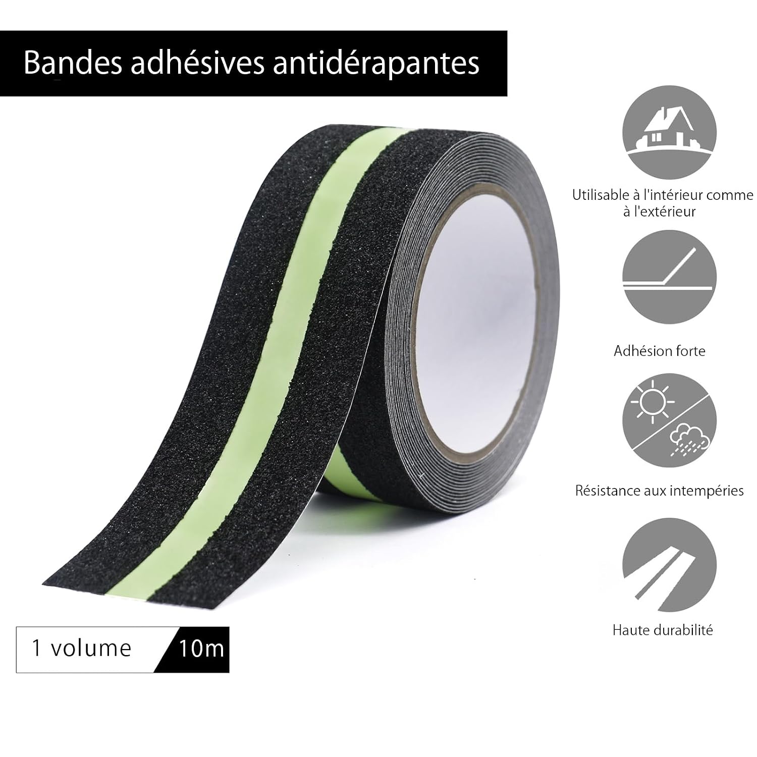 Ruban Antidérapant Phosphorescent, Lot de 2 - 5 cm x 10 m, Noir avec ...