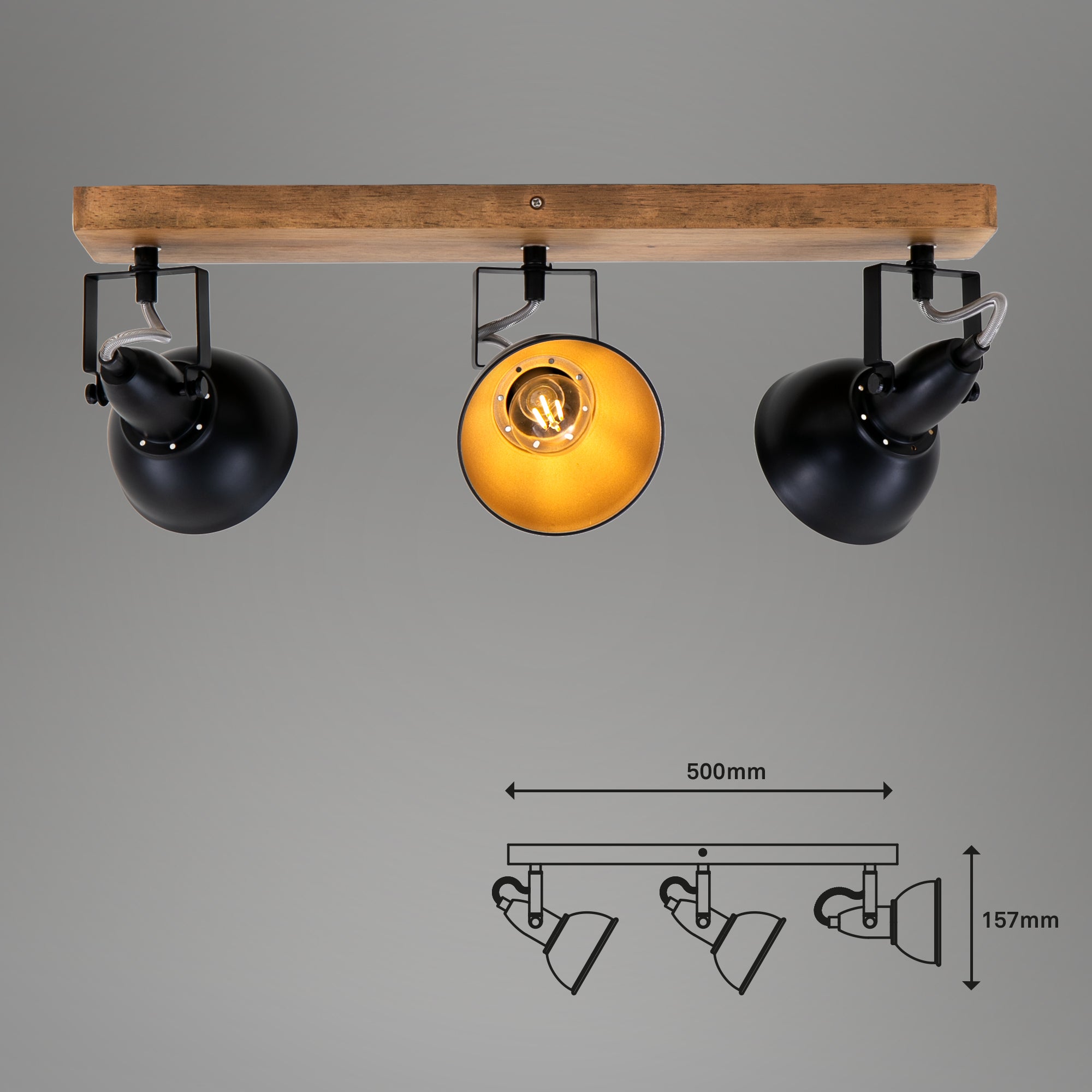 Plafonnier Spot BRILONER LEUCHTEN BARNIM, 25 W, IP20, noir, métal-bois, excl. 3x E14, 50 x 11 x 15,7 cm - 5