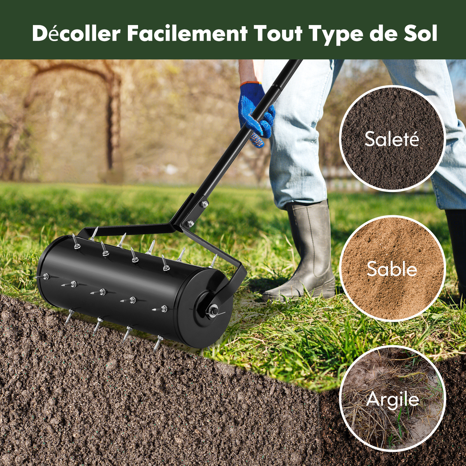 Aérateur à Gazon Roulant de 44 cm, Scarificateur Manuel avec Poignée Amovible de 128 cm Pointes de Dents pour Ameublir Sol, Aération de l'Herbe, Noir - 5